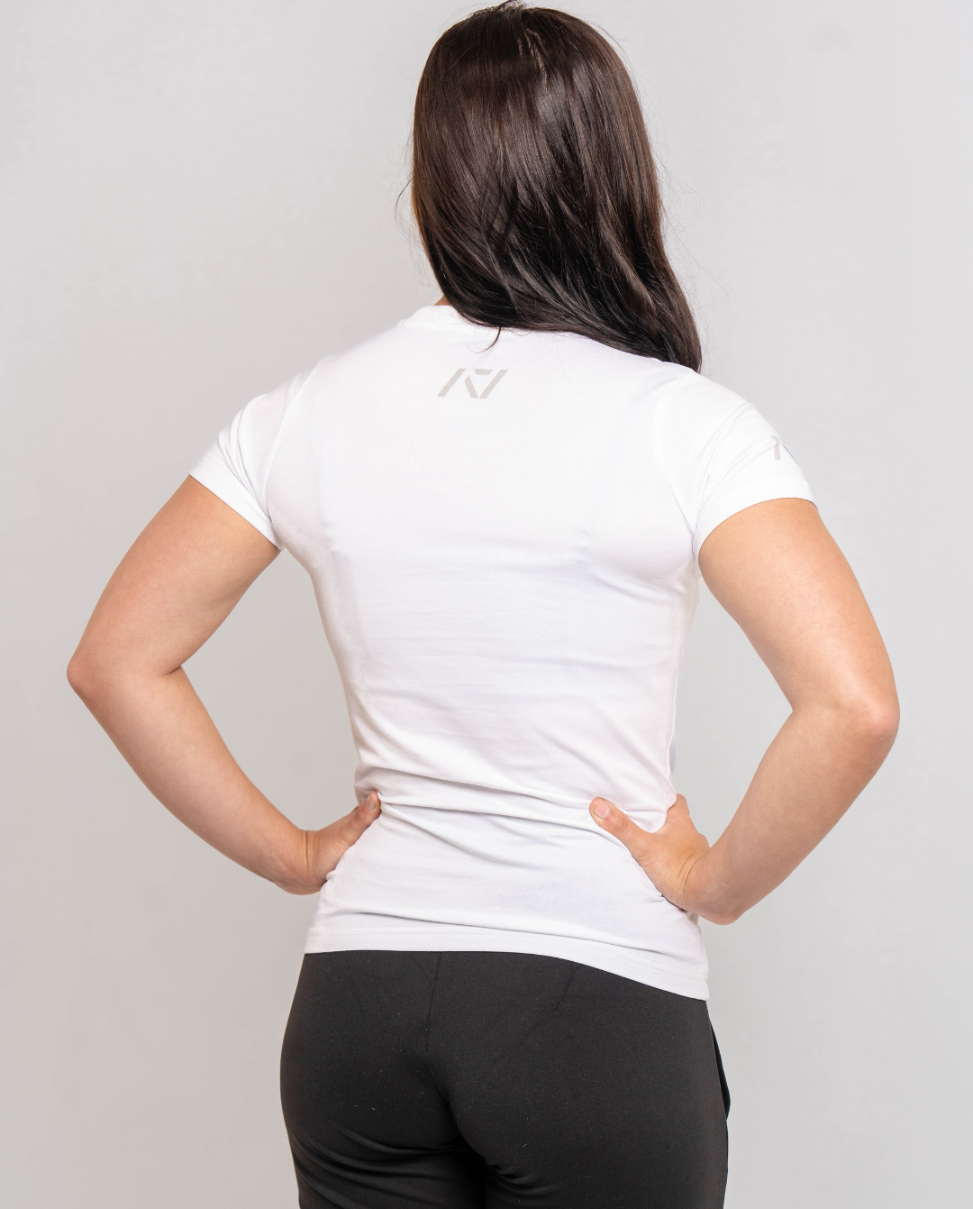 Back of Women's IPF Meet Shirt with A7 logo on the center of the upper back so it shows underneath a singlet