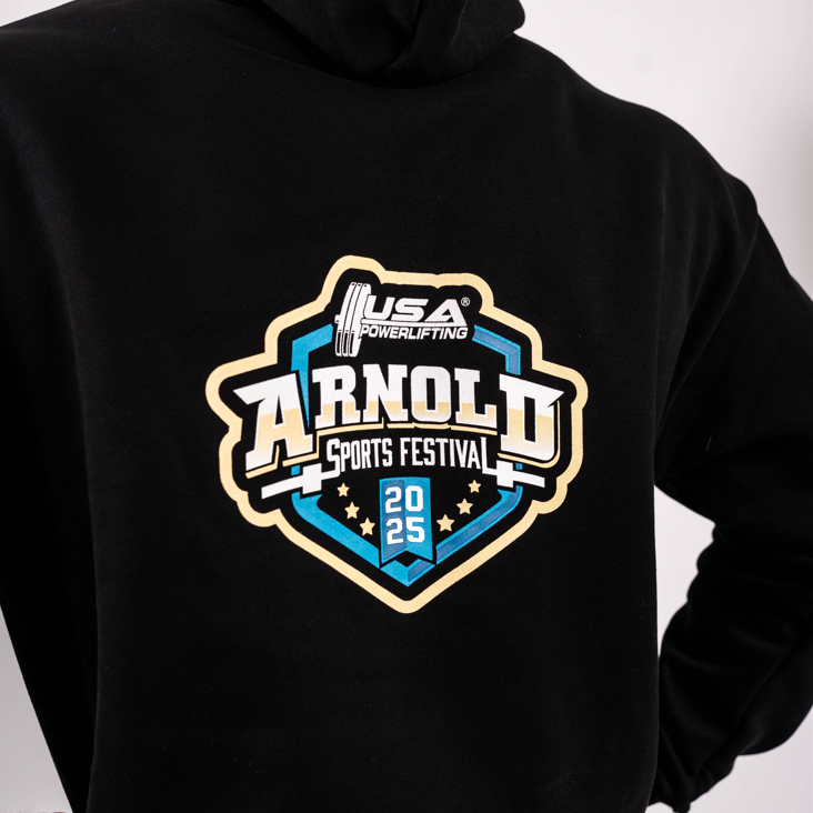 Back view of 2025 USAPL Arnold Hoodie featuring official Arnold Festival and USAPL artwork.