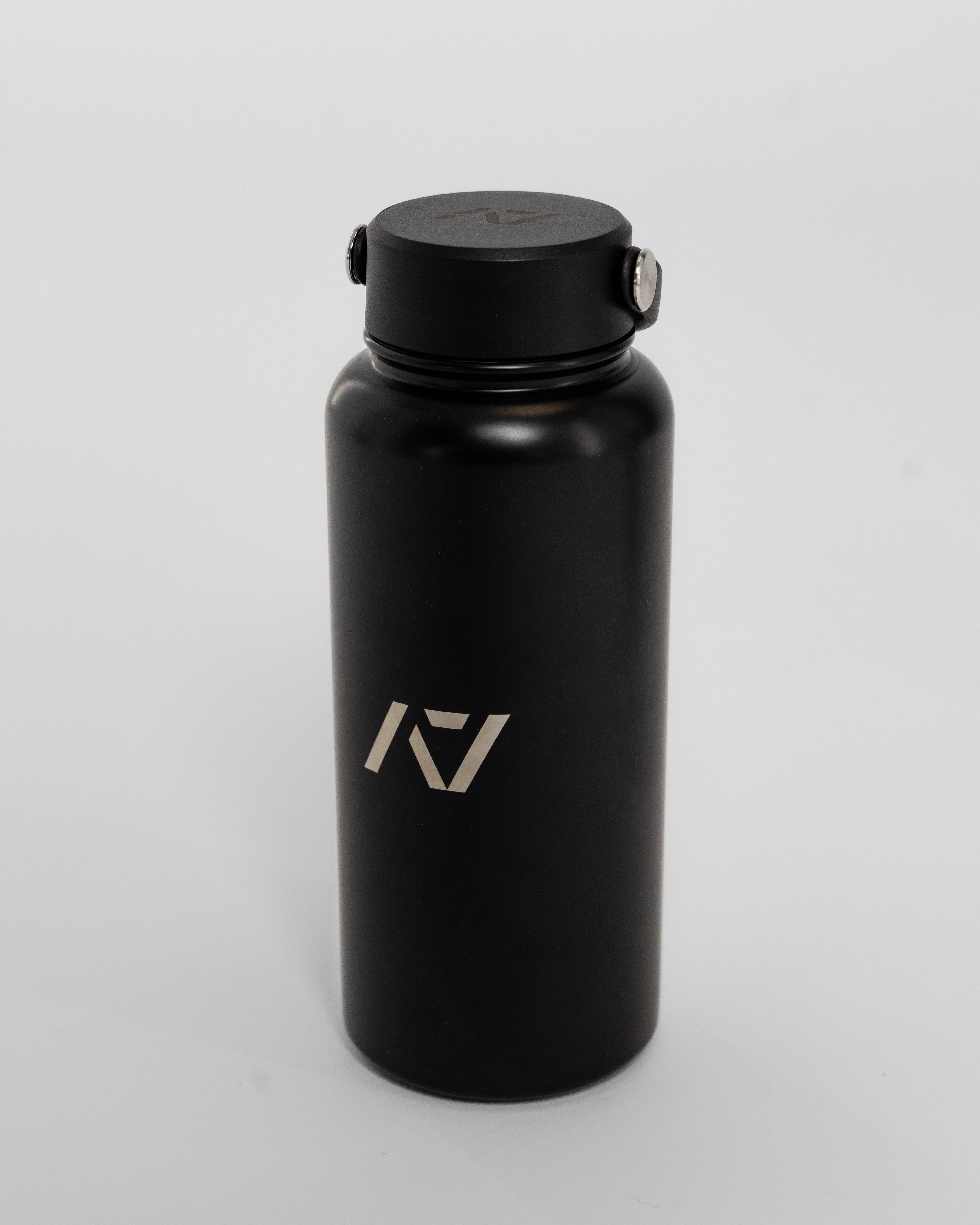 Black water bottle with a logo on a light gray background
