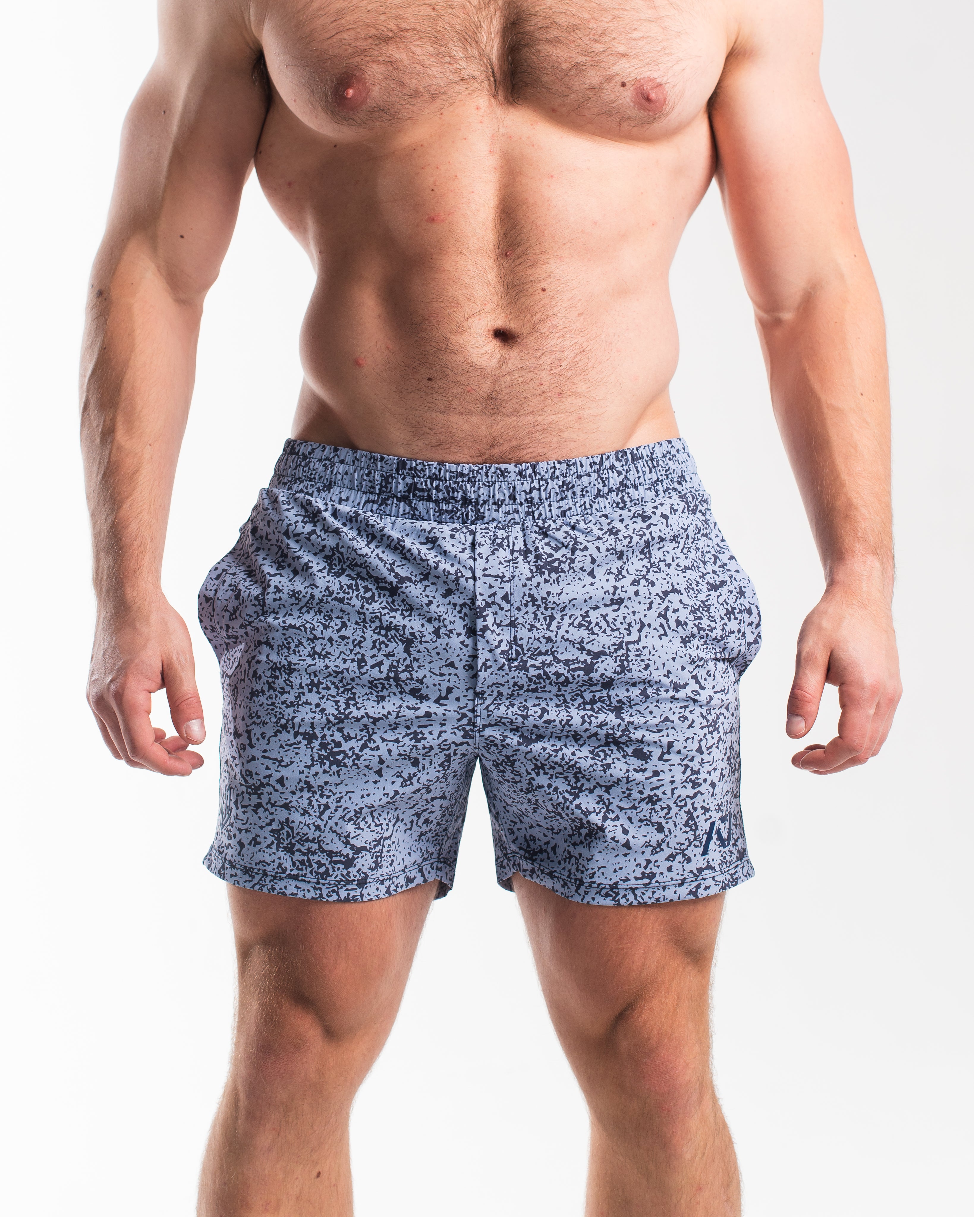 Front view of A7 360Go 1Z KWD Shorts in Foggy Navy featuring built-in liner and matte silicone logos.