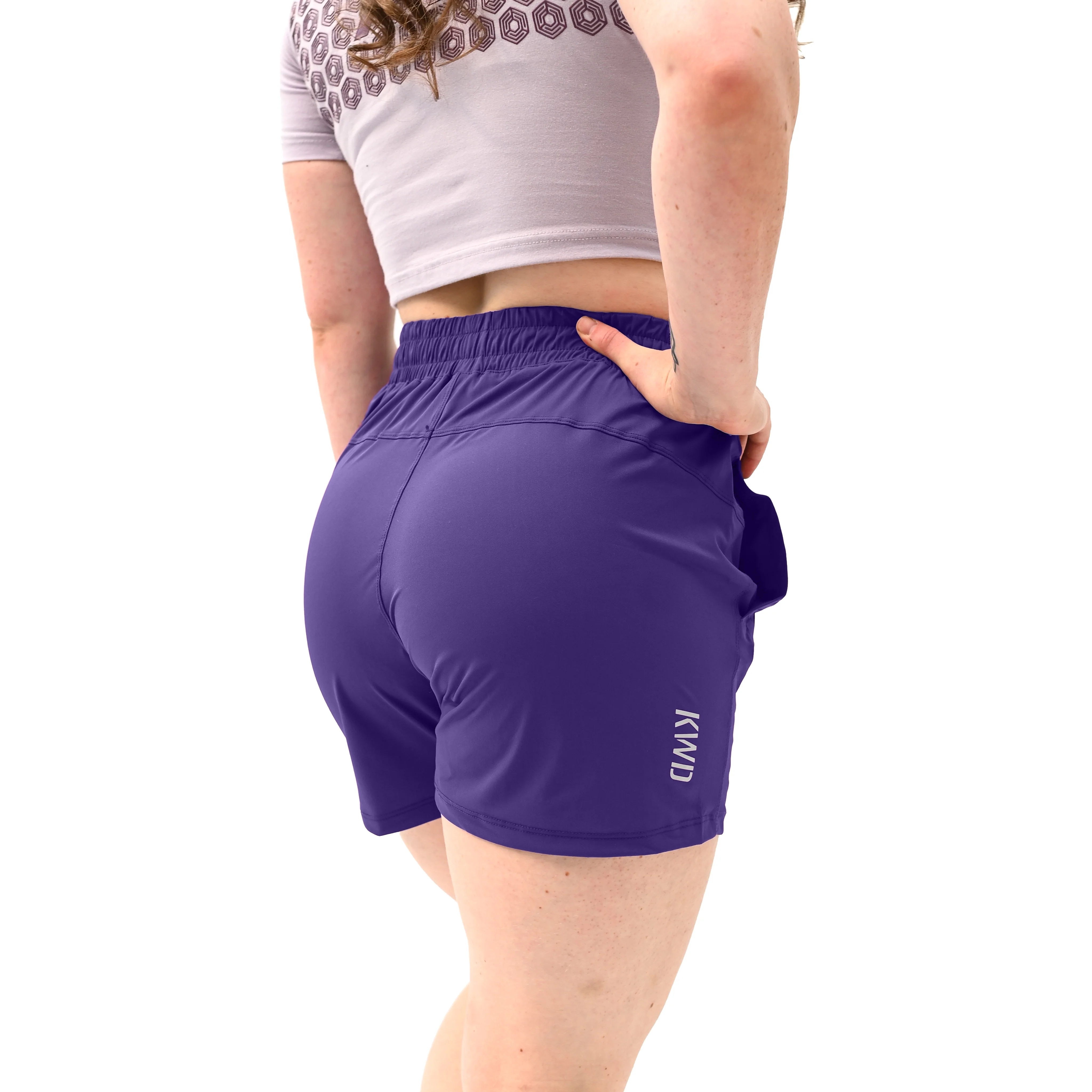 Rear view of A7 360Go KWD Shorts in Purple with loop-through ripstop pockets and streamlined training fit.
