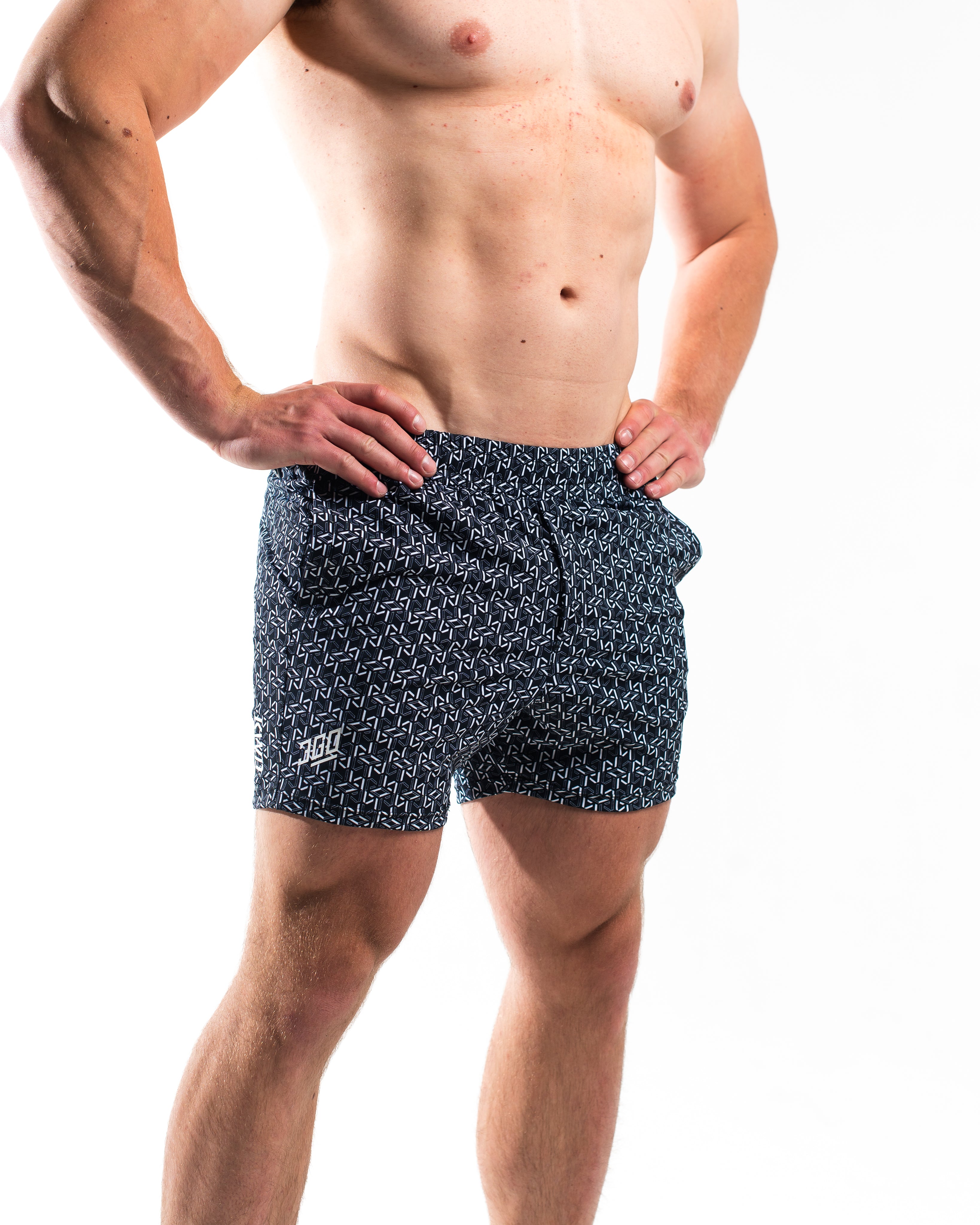 Front view of A7 360Go KWD Shorts in Stelacrosha Black, featuring athletic cut, clean black finish, and wide waistband.