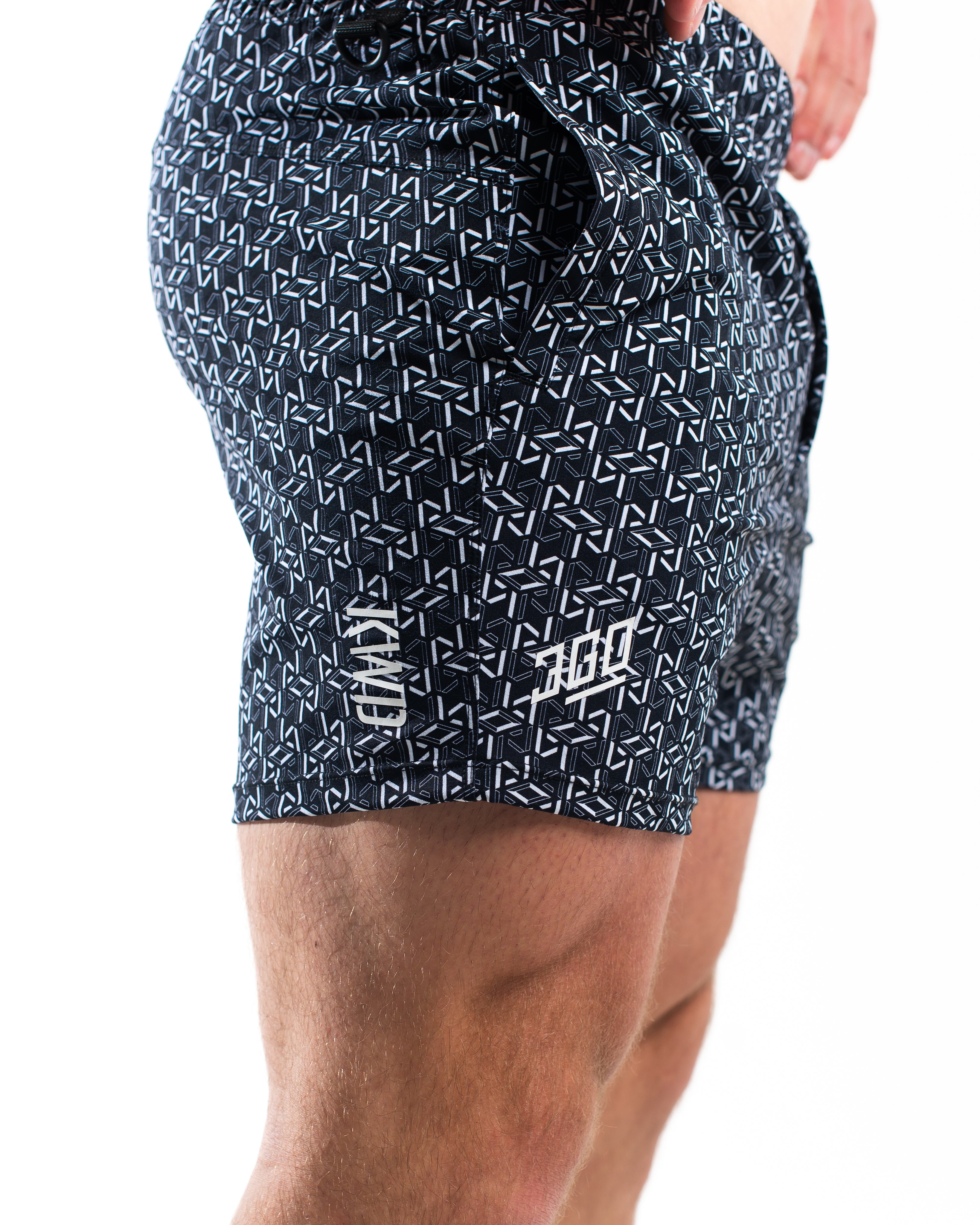 Matte silicone A7 logos on Stelacrosha Black 360Go Shorts for subtle, refined branding.
