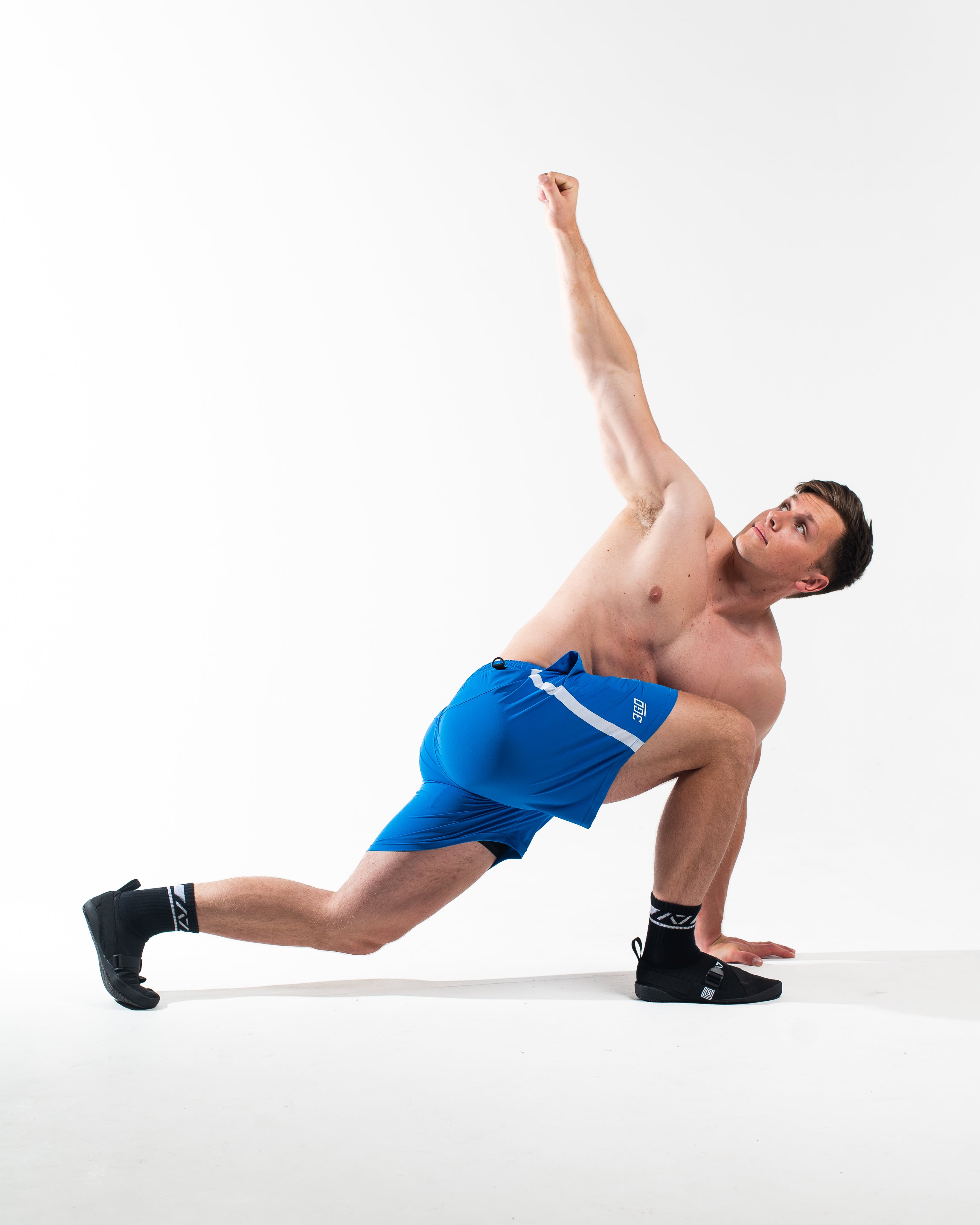 Showcasing the stretch of the 360 degree stretch material used on the 360go Shorts.