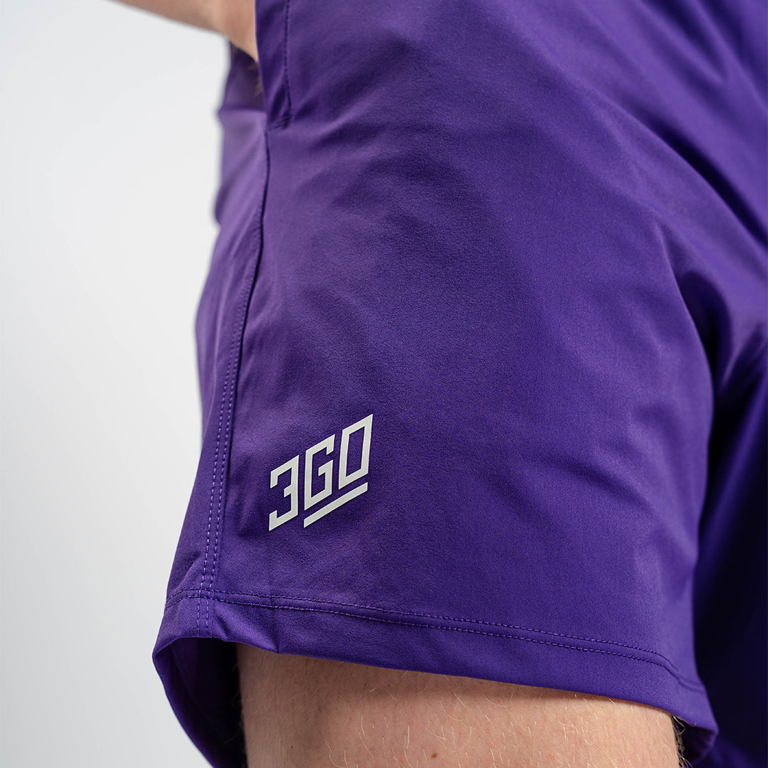 Matte silicone A7 logos on Purple 360Go Shorts offering subtle branding on a bold color base.