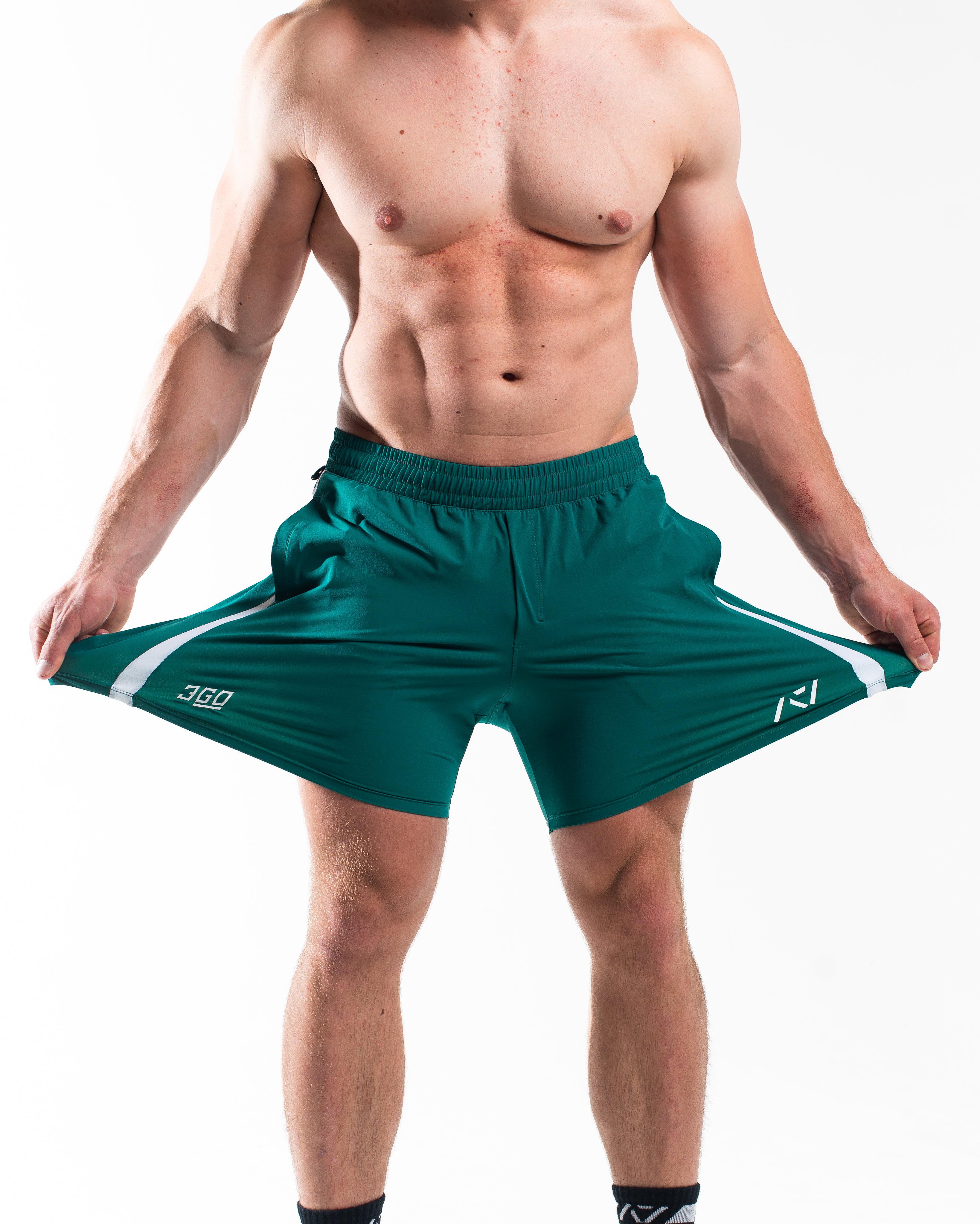 Close-up of 360-degree stretch fabric on Terragreen 360Go Shorts for full mobility during strength training.