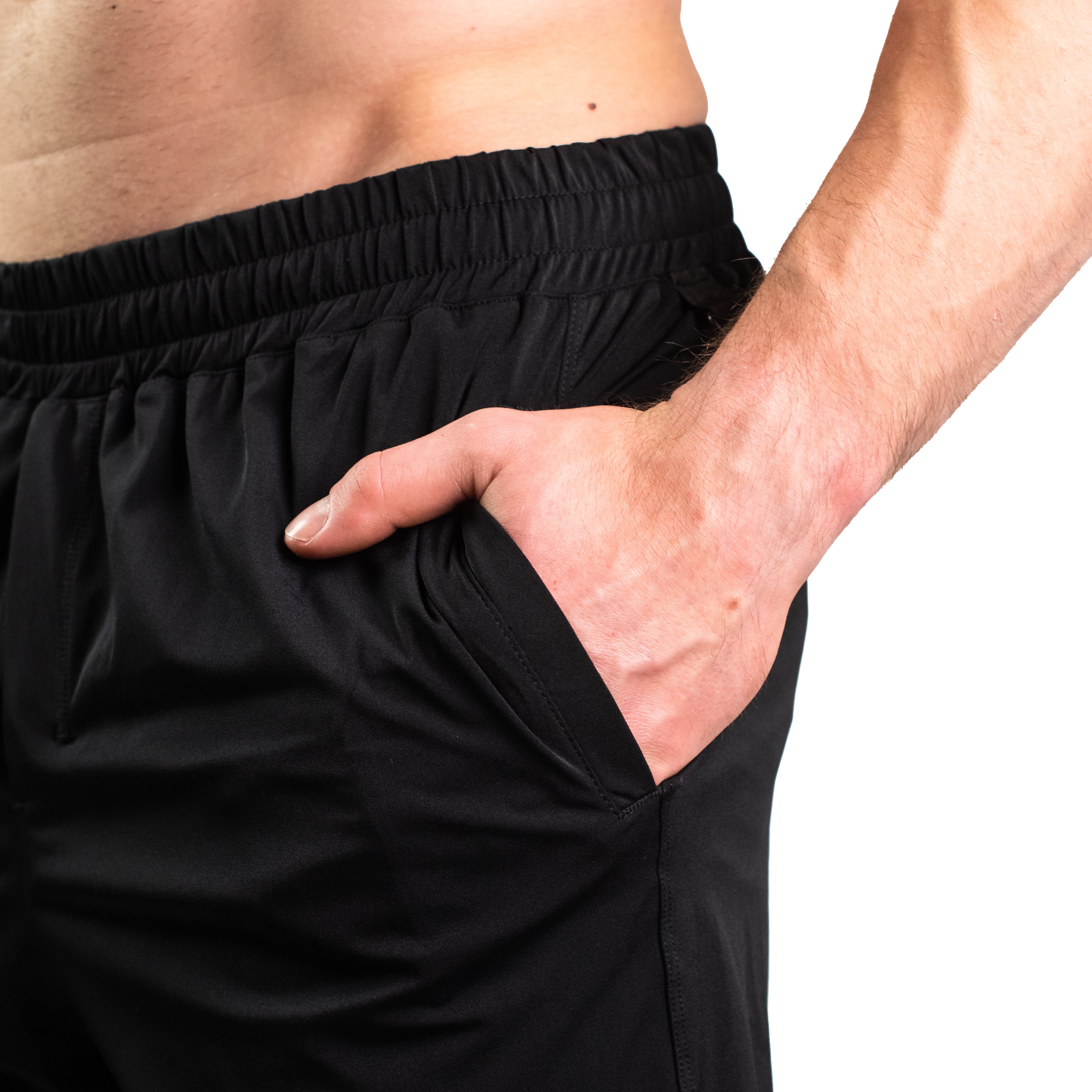 Ripstop nylon pocket with hidden mini wallet compartment on Black 360Go Shorts for secure and functional storage.