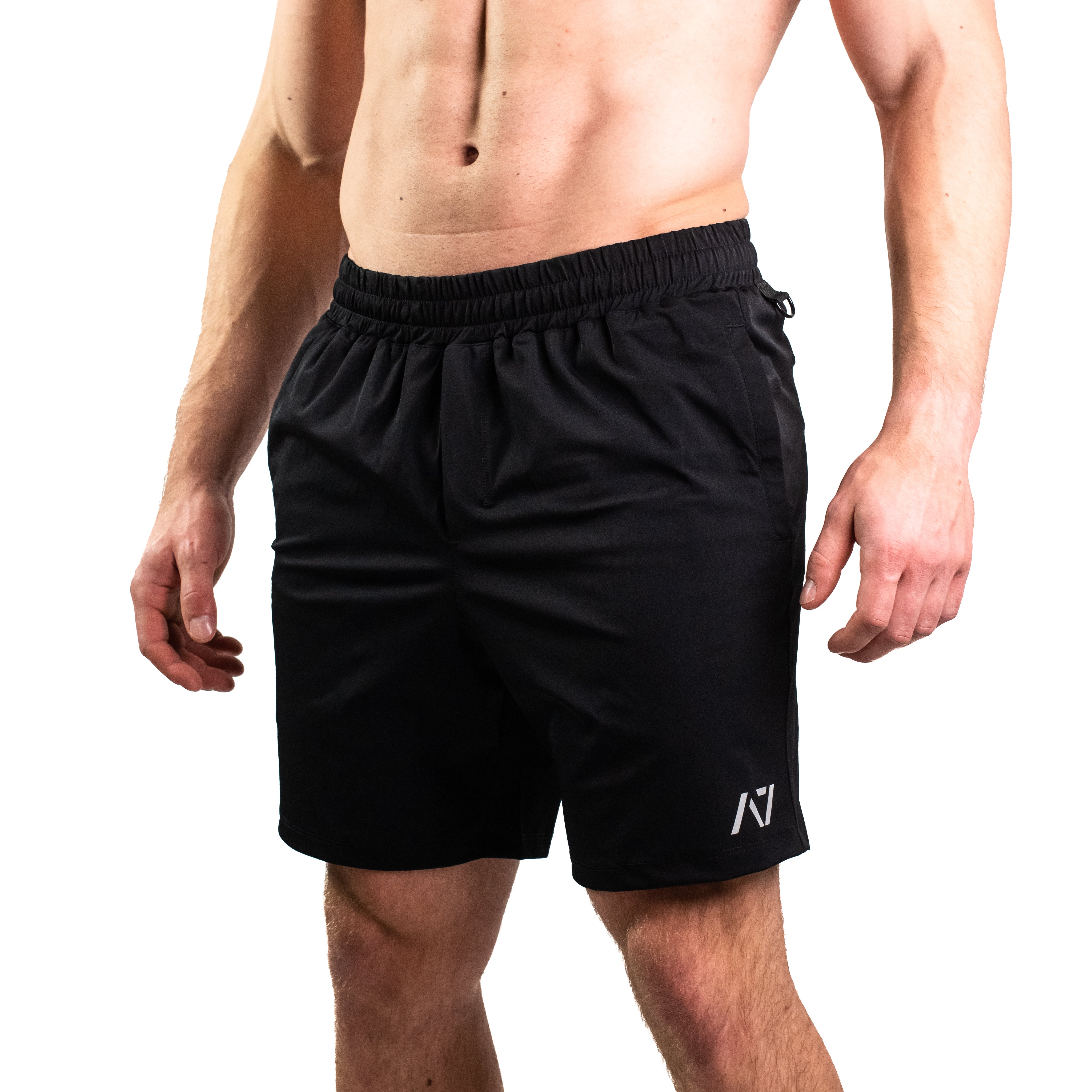 Side profile of Black 360Go KWD Shorts showing flexible fit and 360° stretch fabric for unrestricted training movement.
