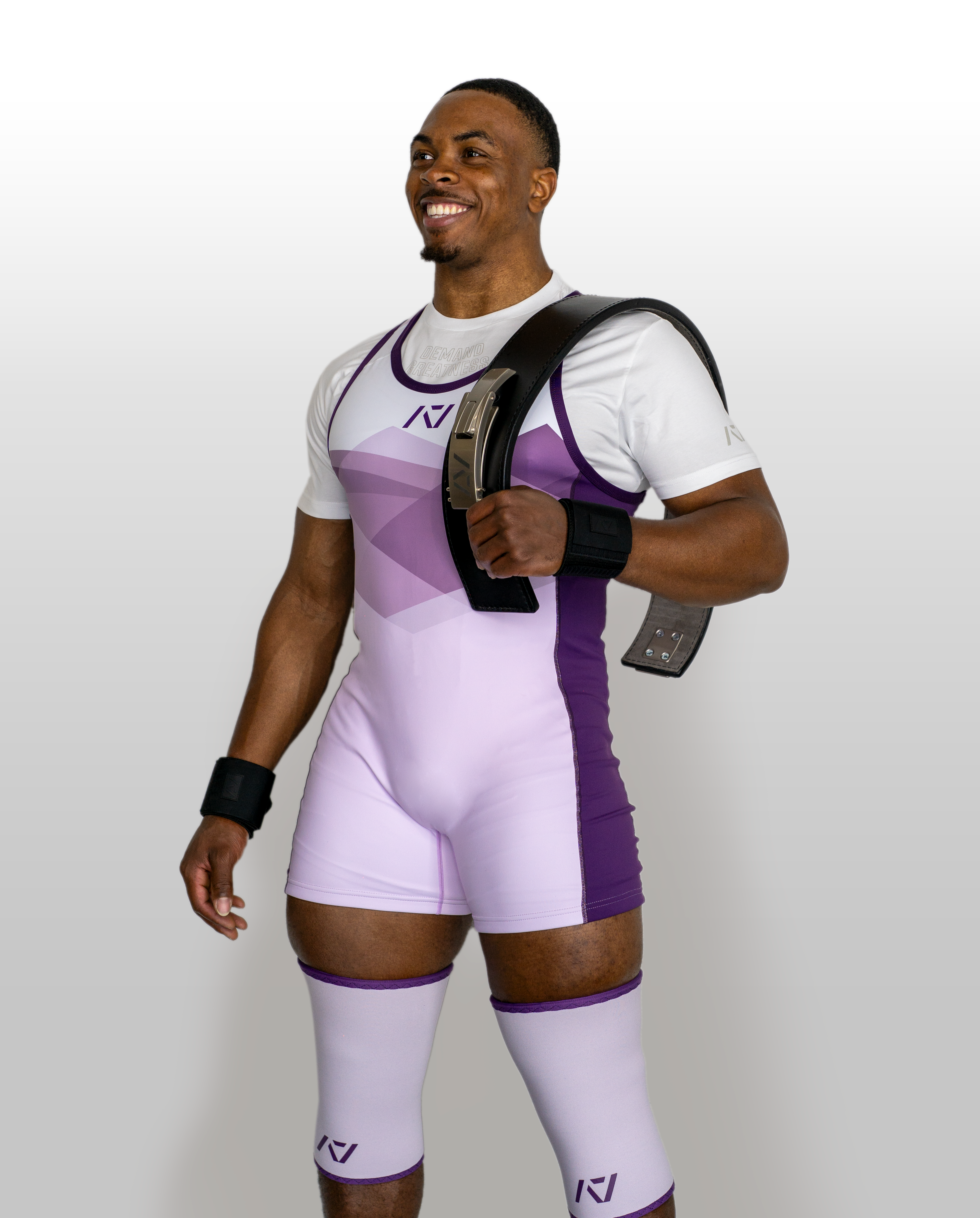 Front shot of Rausch Singlet - Lavender & Hourglass Knee Sleeves Lavender on male model.