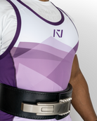 Close up of side of rausch men's lavender singlet.