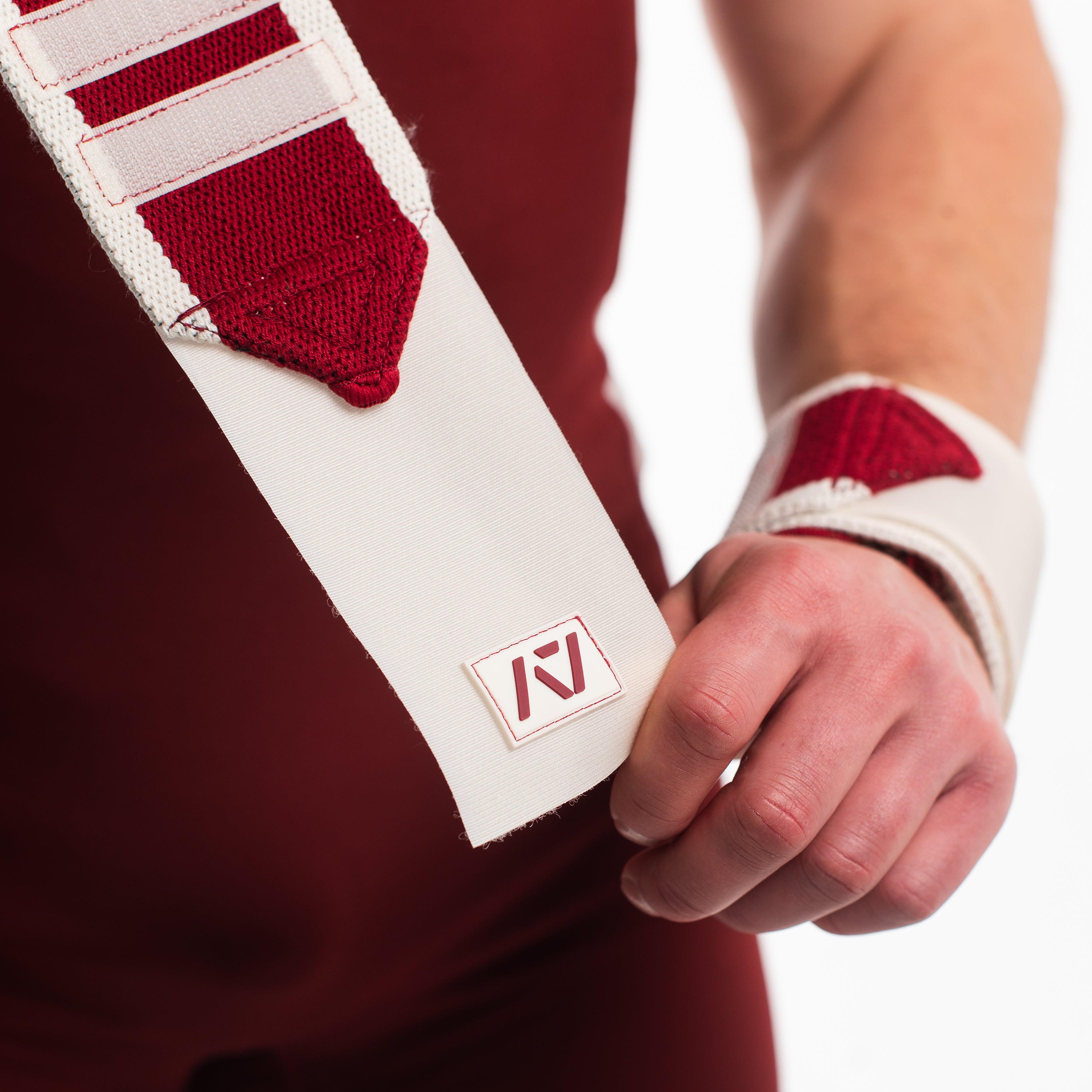 Close up of Ivory Rose Wrist Wrap with A7 logo patch