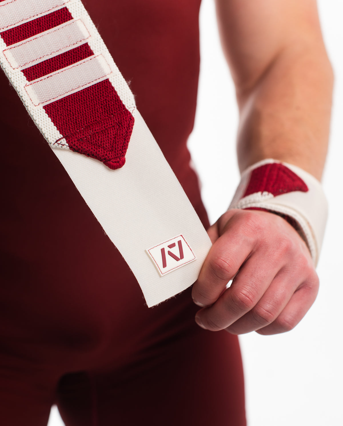 Close up of Ivory Rose Wrist Wrap with A7 logo patch