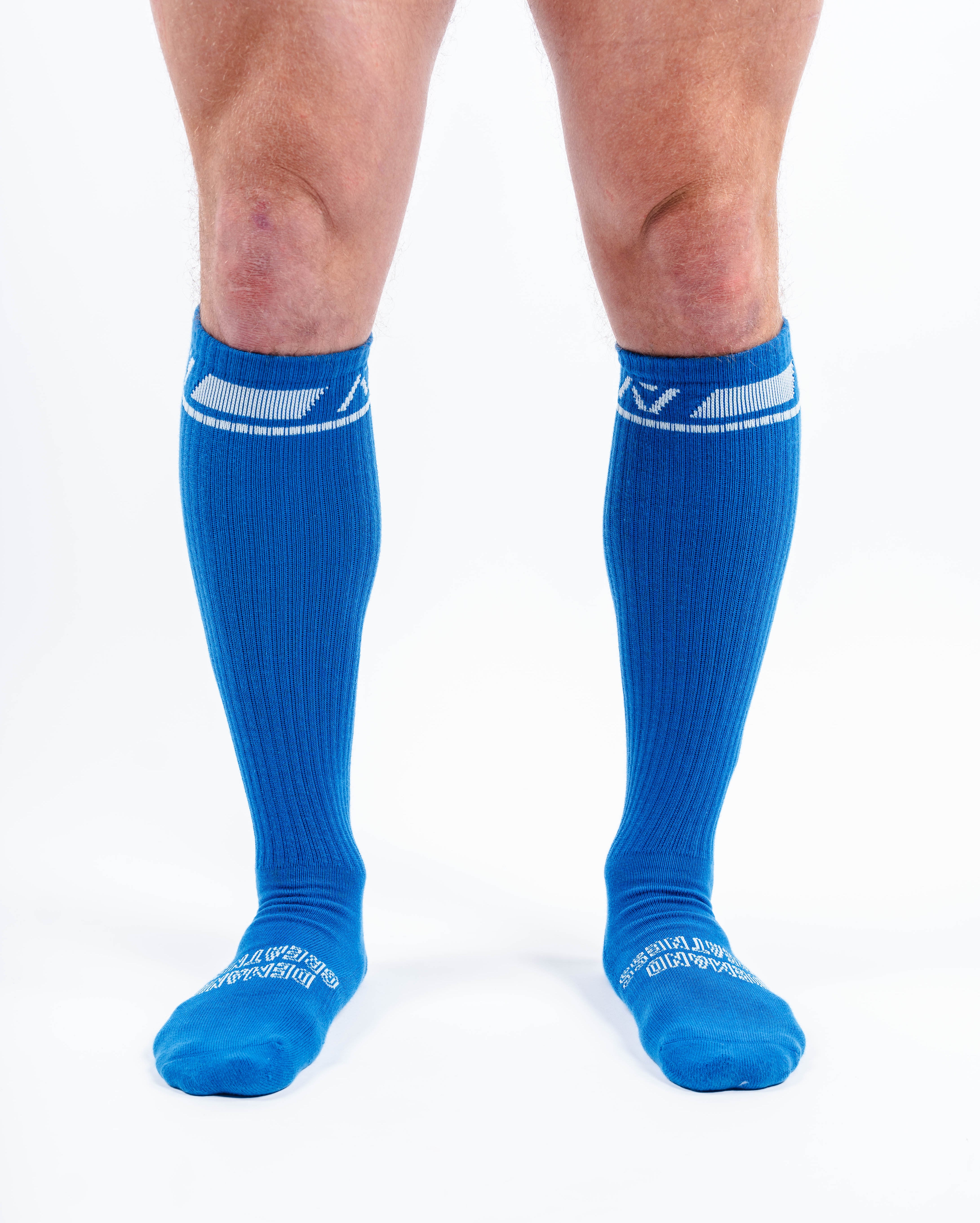 Front view of A7 Deadlift Socks in Cyanite, showcasing mid-shin length and ribbed cuff design.