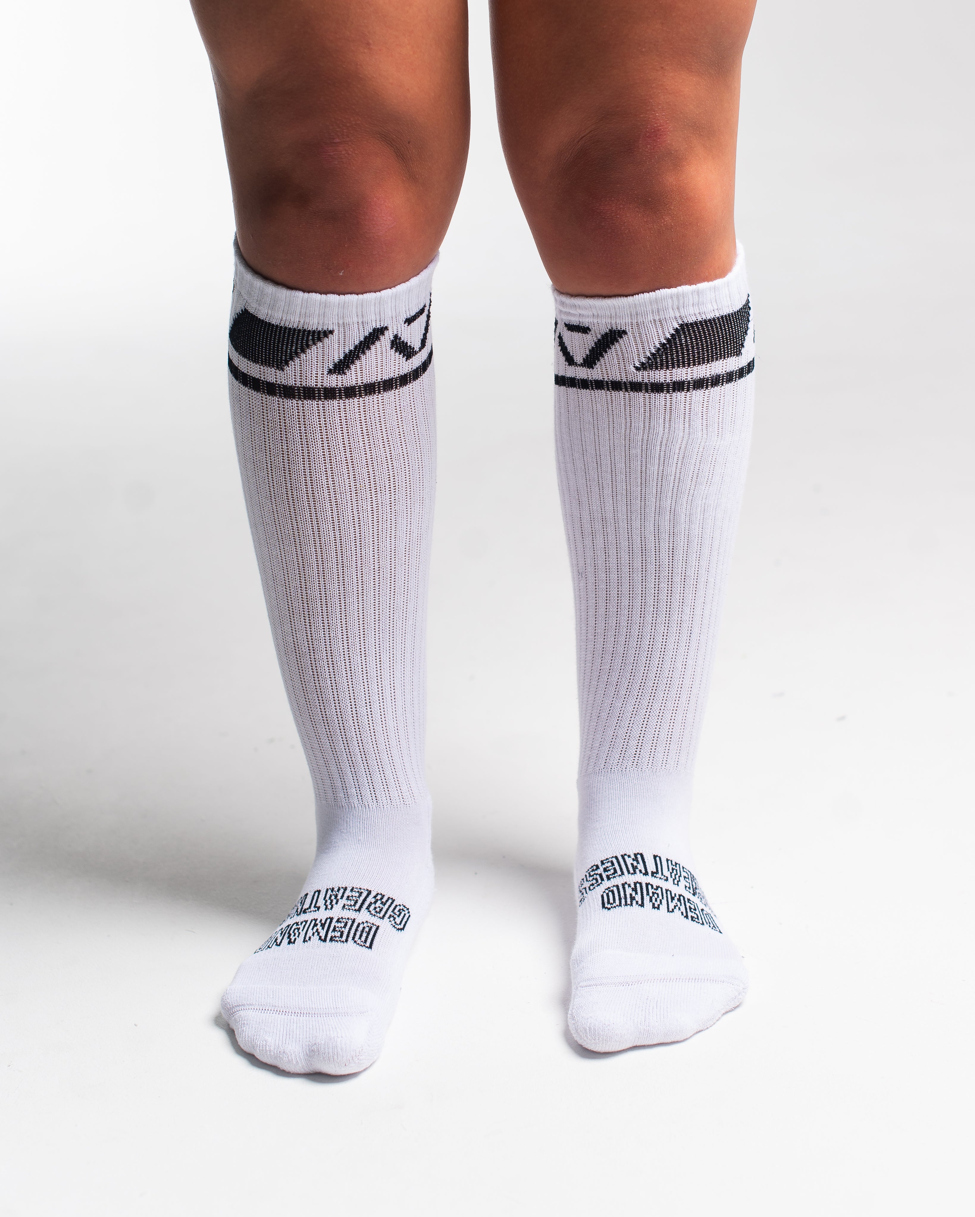 Front view of A7 Deadlift Socks in Domino White, showcasing knee-high length and ribbed cuff design.