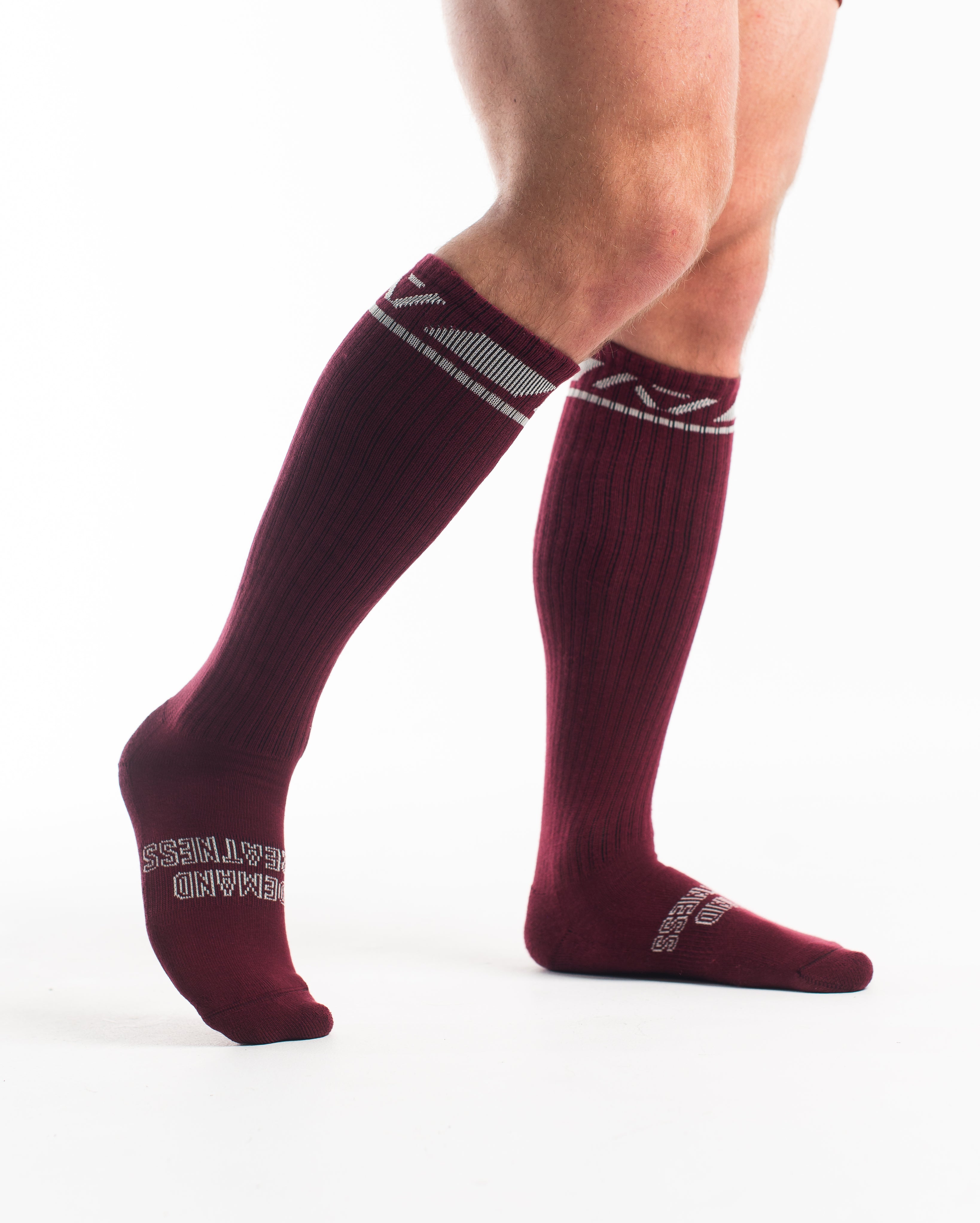 Side profile of A7 Deadlift Socks in Ivory Rose, highlighting the A7 logo on the ankle and compression-style top.