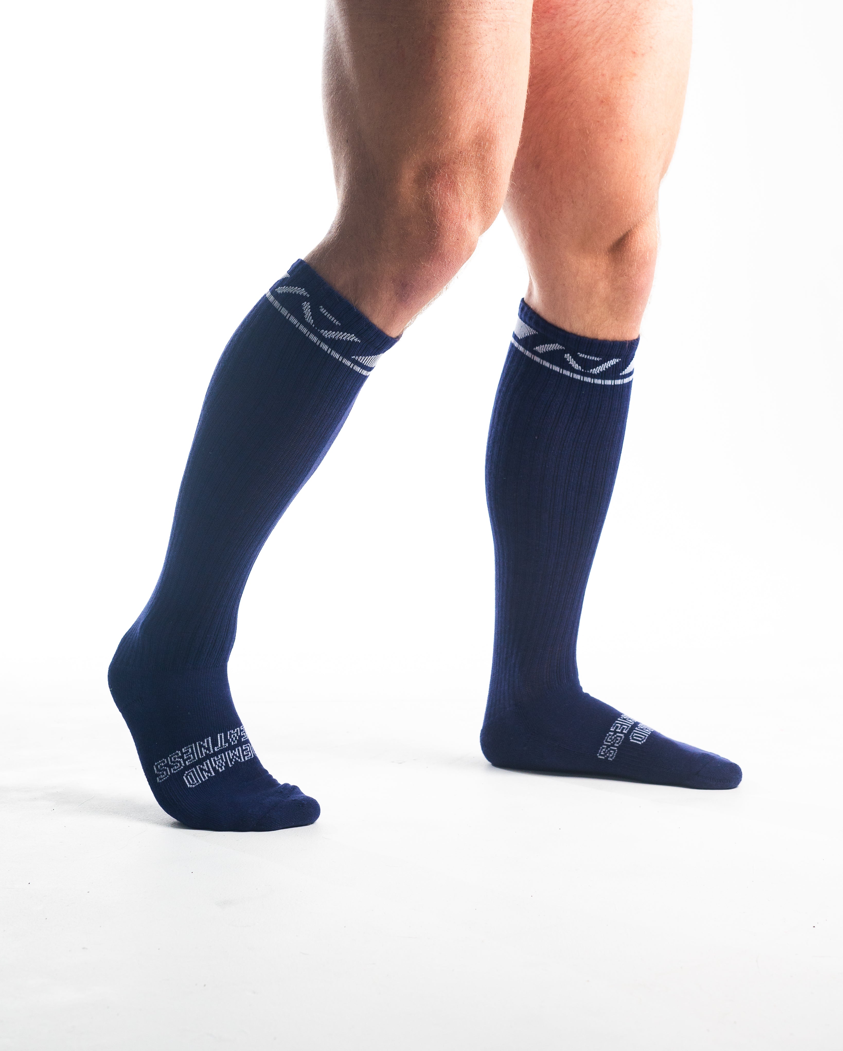Side profile of A7 Deadlift Socks in Night Light, highlighting the A7 logo on the ankle and compression-style top.