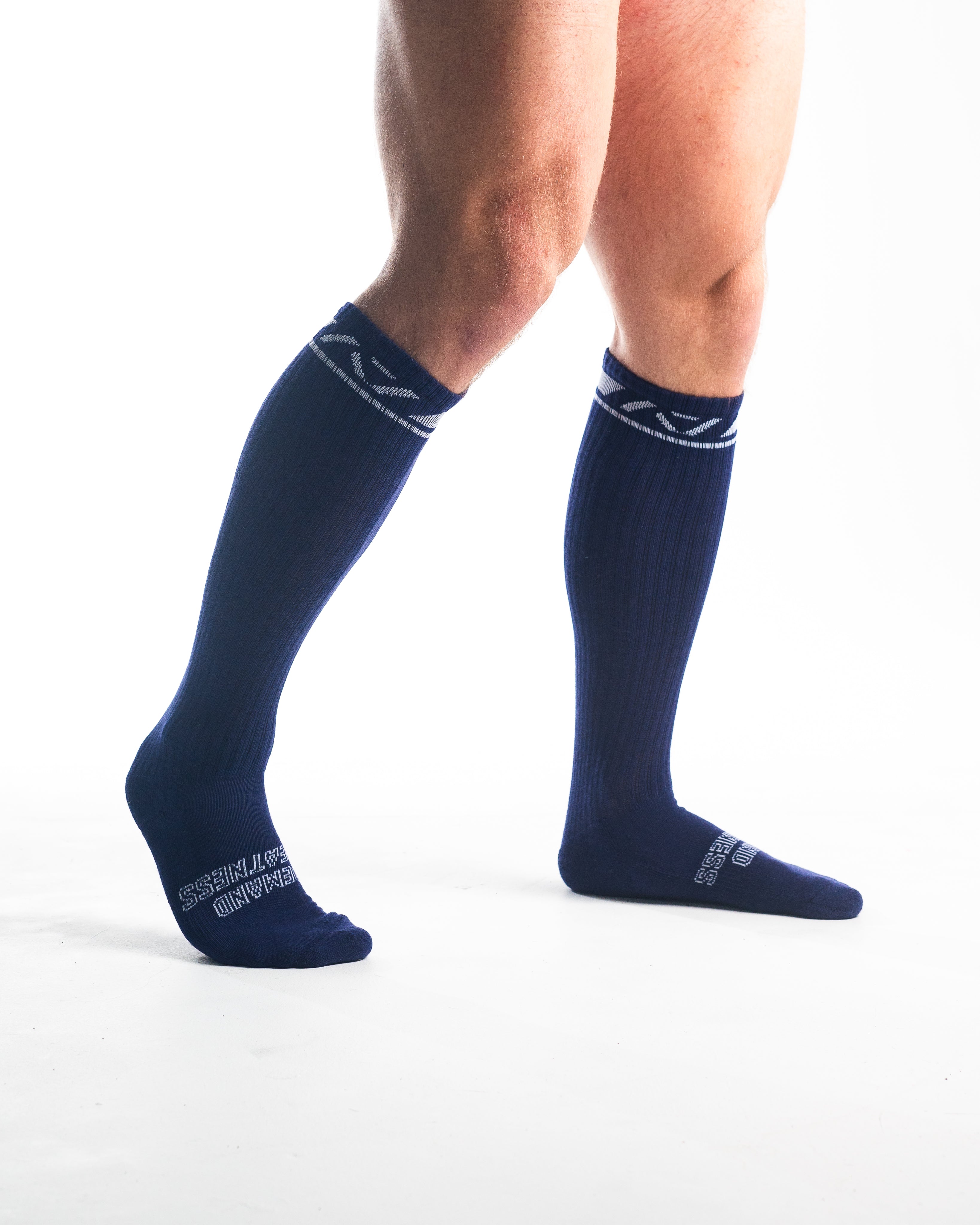 Side profile of A7 Deadlift Socks in Night Light, highlighting the A7 logo on the ankle and compression-style top.