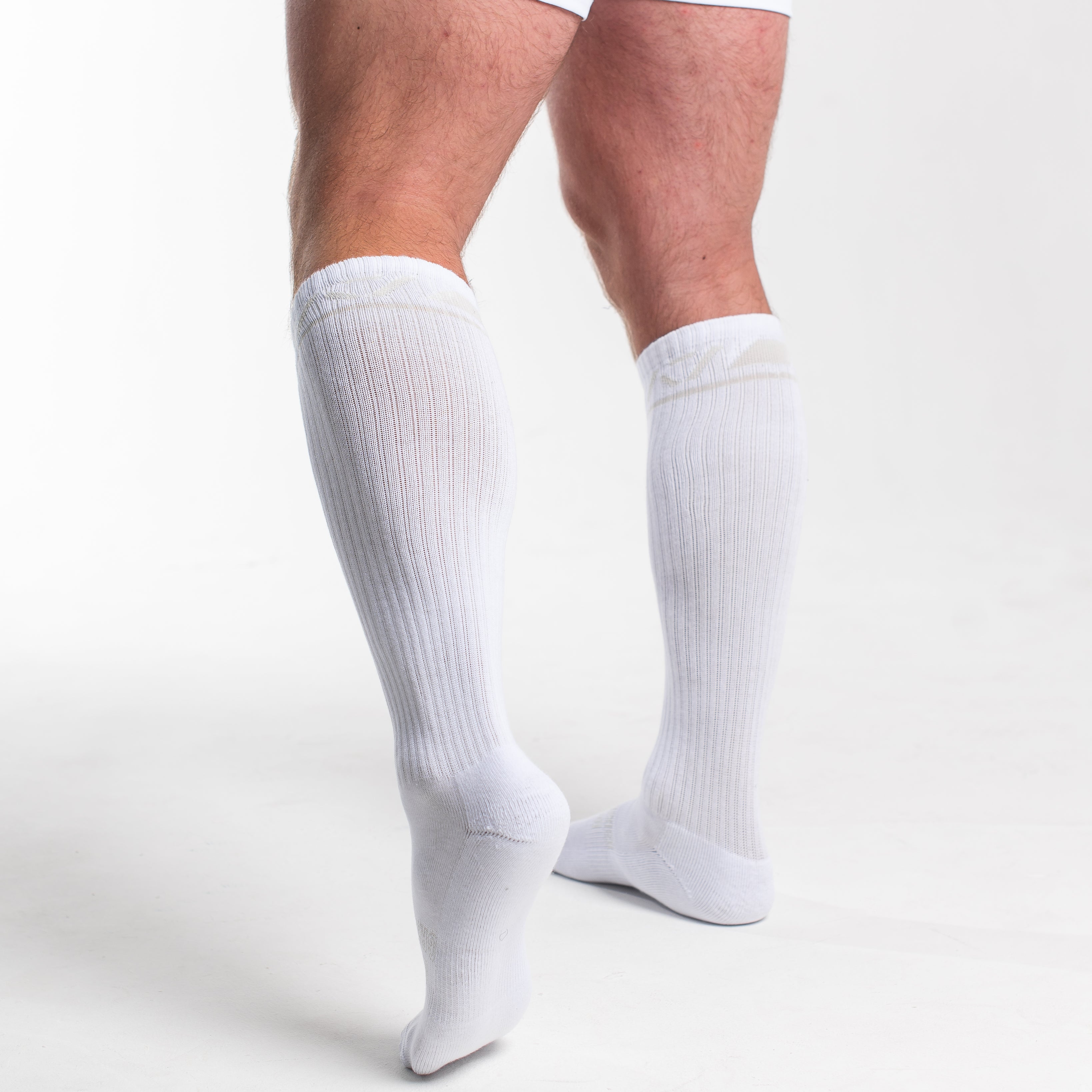 Back view of A7 Deadlift Socks in Polar, showcasing knee-high length and ribbed cuff design.