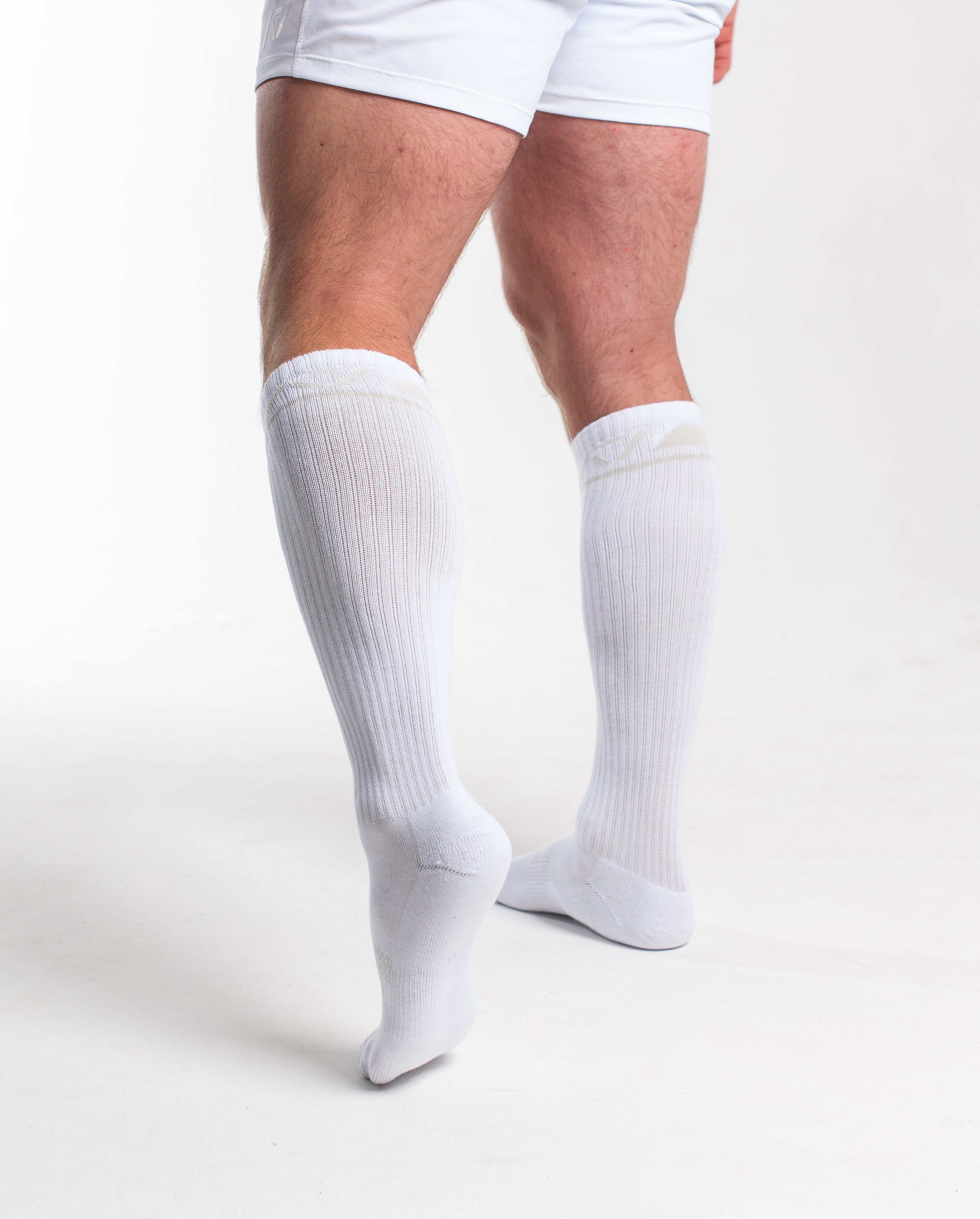 Back view of A7 Deadlift Socks in Polar, showcasing knee-high length and ribbed cuff design.