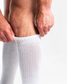 Close-up of the knit fabric on A7 Deadlift Socks in Polar, showing texture and stitching details.