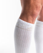 Close-up of the knit fabric on A7 Deadlift Socks in Polar, showing texture and stitching details.