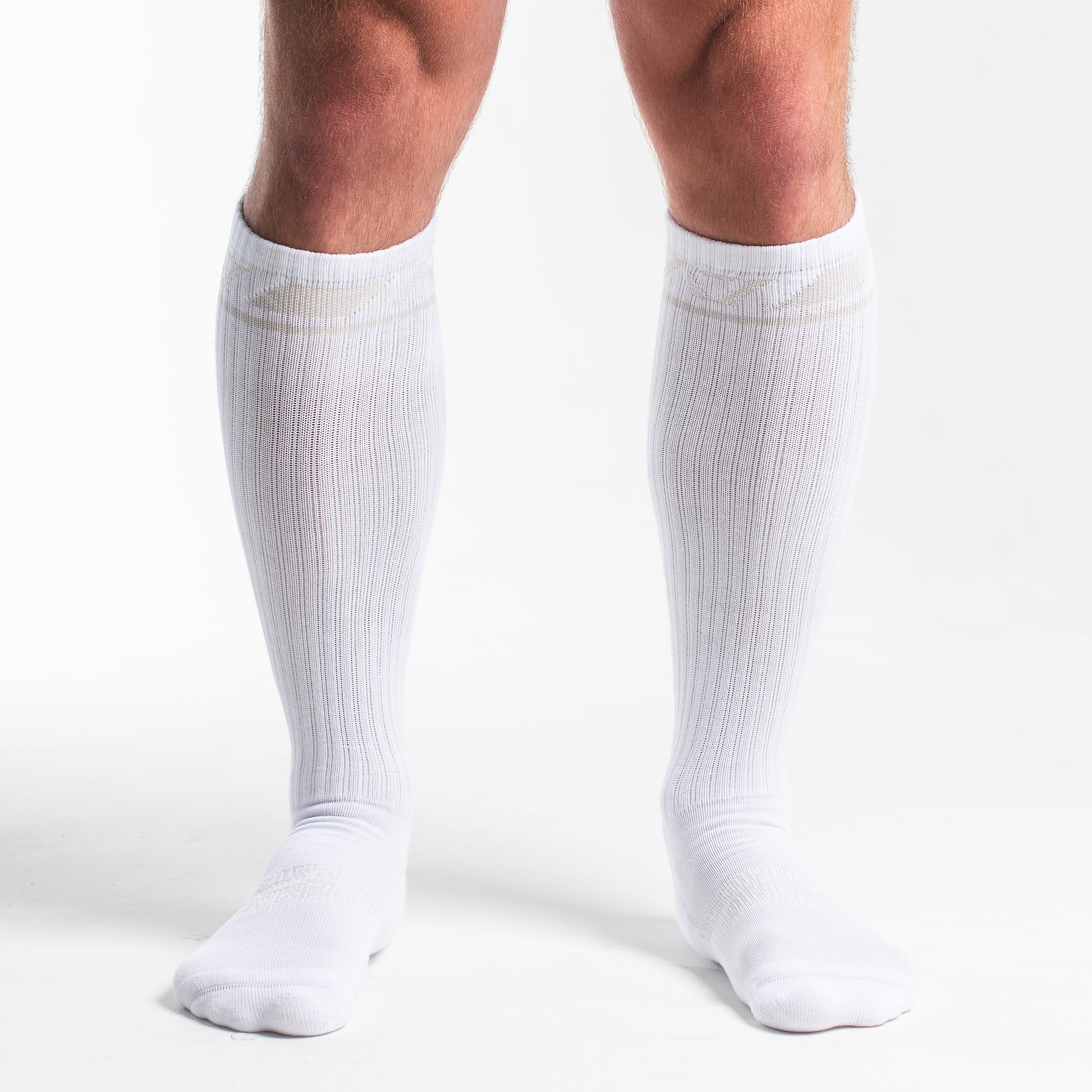 Front view of A7 Deadlift Socks in Polar, showcasing knee-high length and ribbed cuff design.
