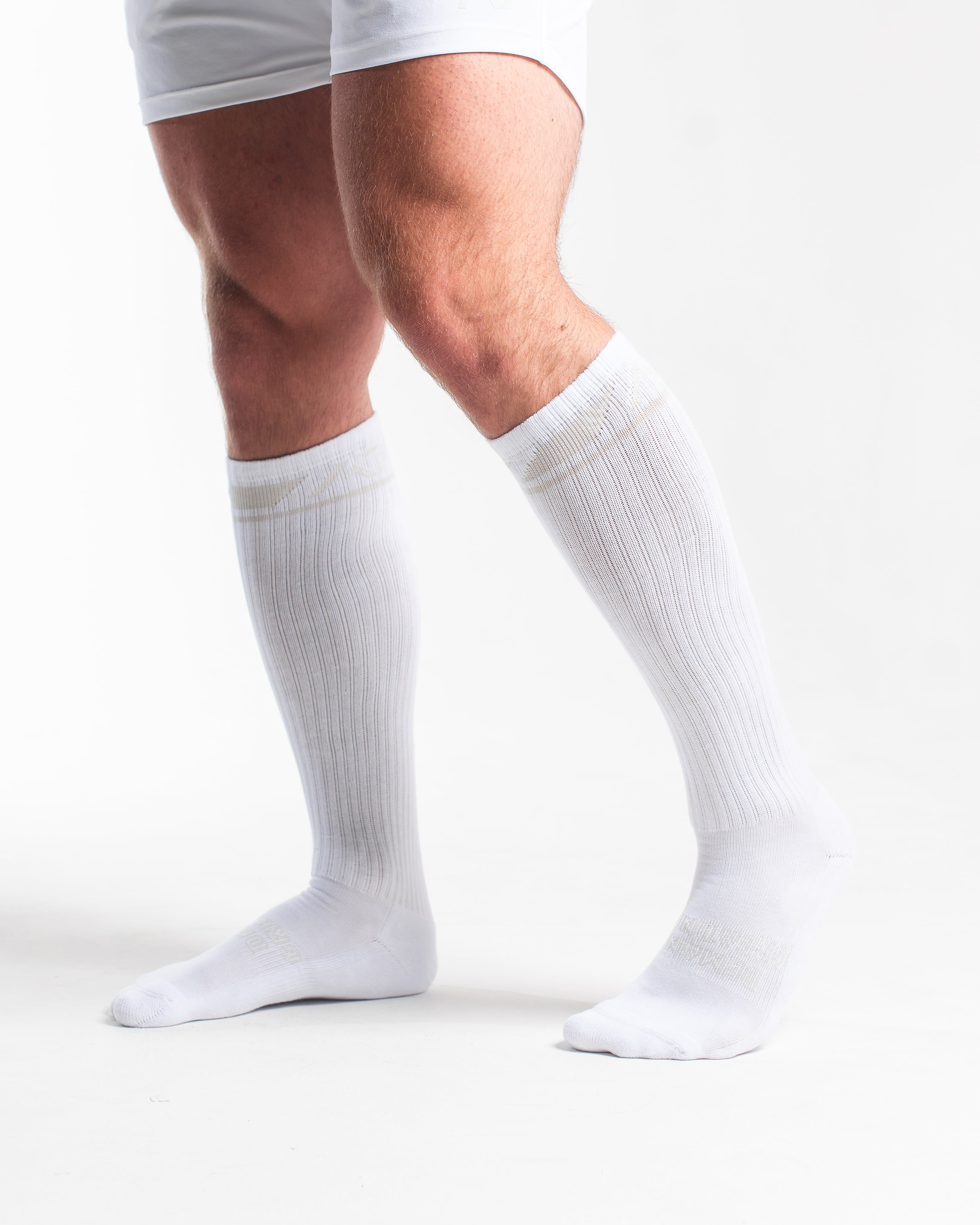Side profile of A7 Deadlift Socks in Polar, highlighting the A7 logo on the ankle and compression-style top.