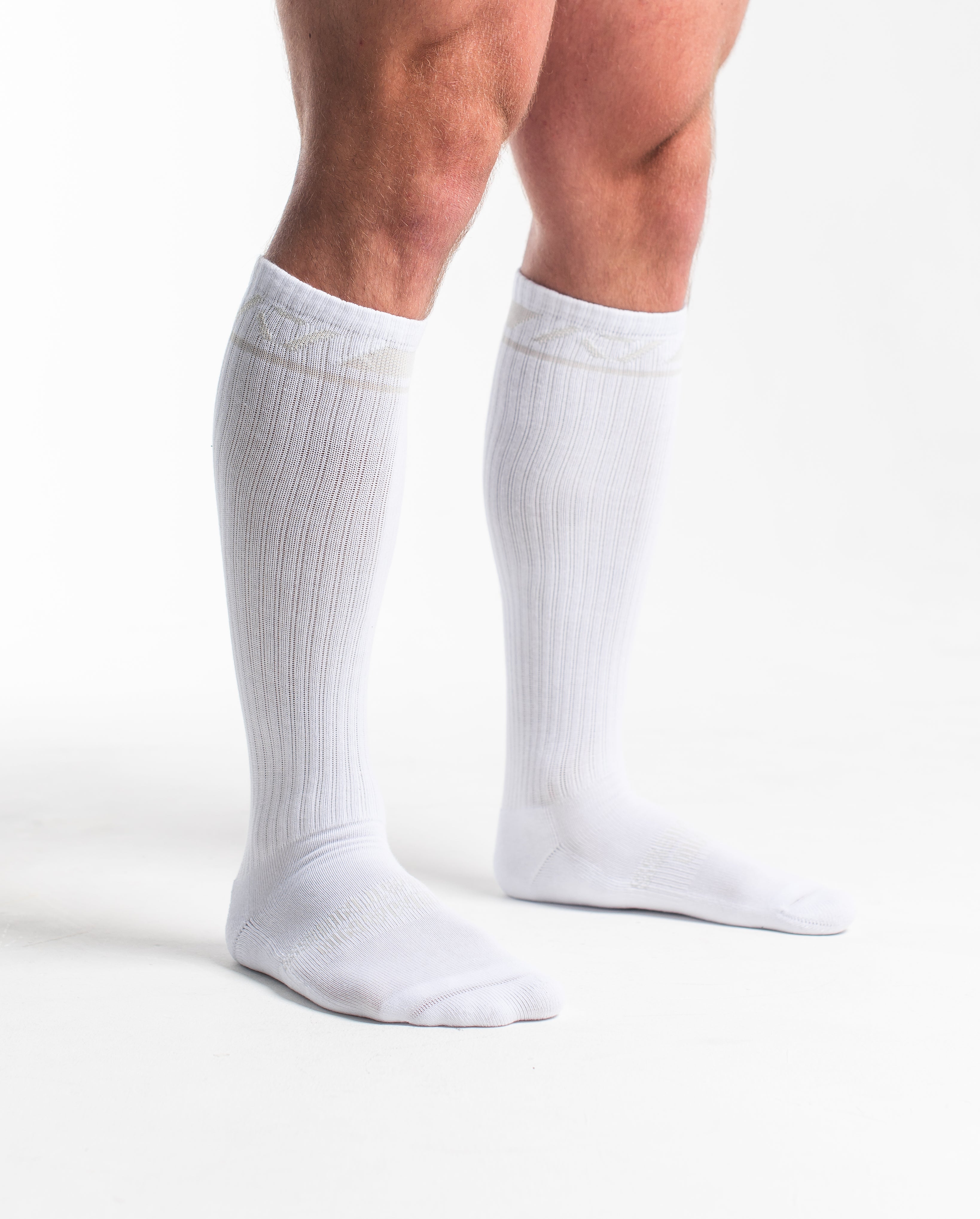 Side profile of A7 Deadlift Socks in Polar, highlighting the A7 logo on the ankle and compression-style top.