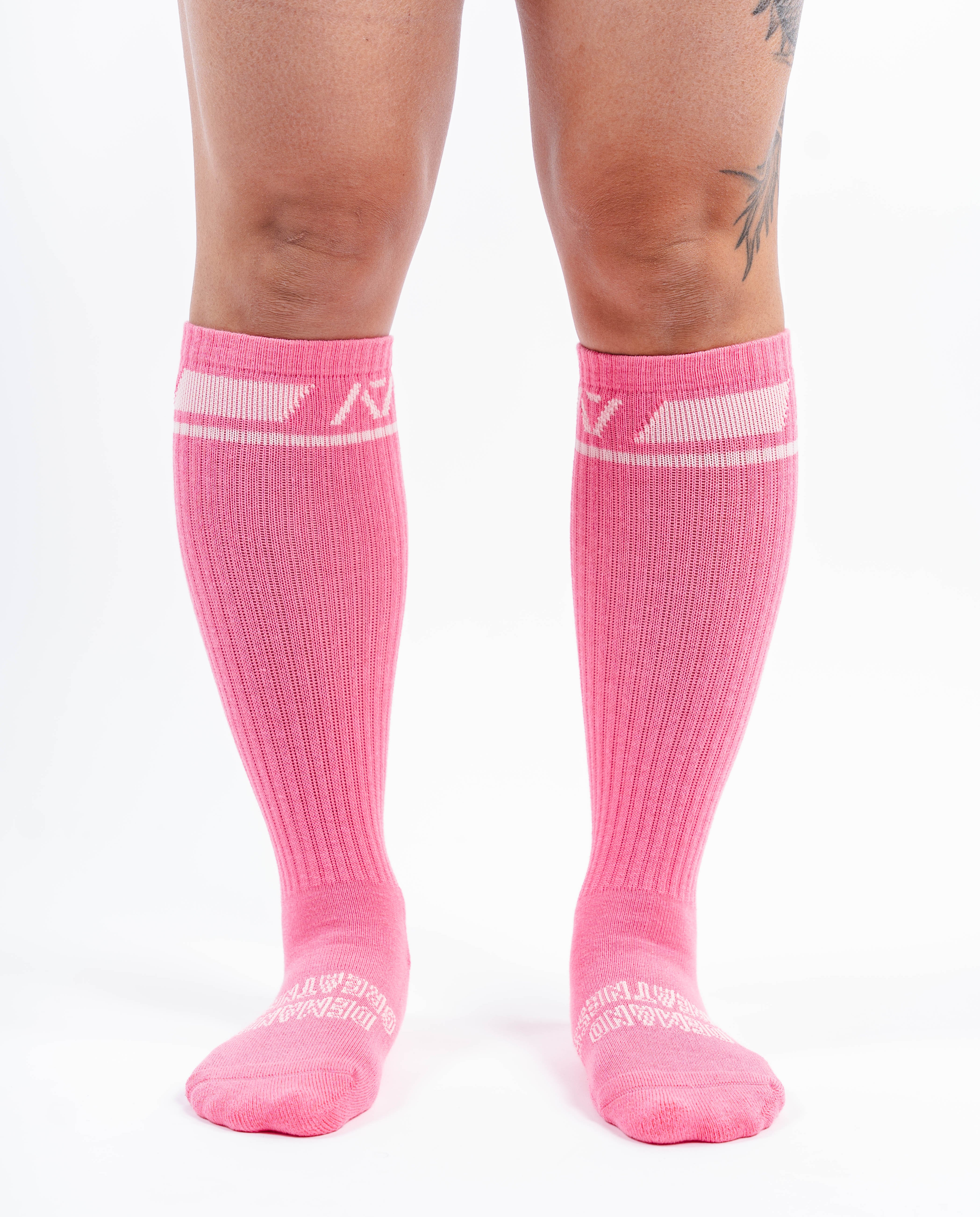 Front view of A7 Deadlift Socks – Roseite showing mid-shin length and ribbed cuff.