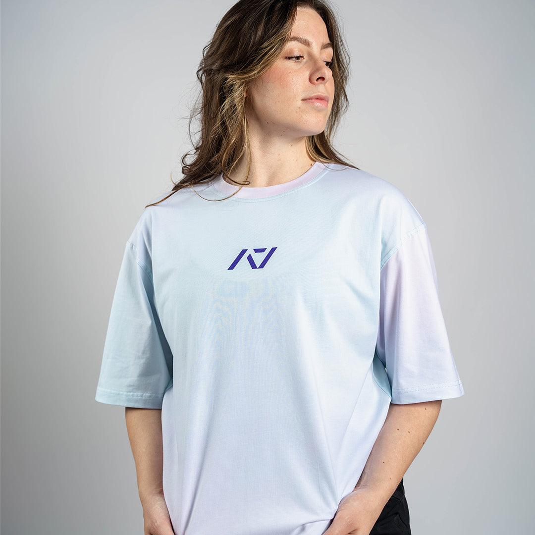 Front view of A7 Affirmation Over-Fit Shirt in Pastel featuring relaxed unisex cut and tonal logo print.