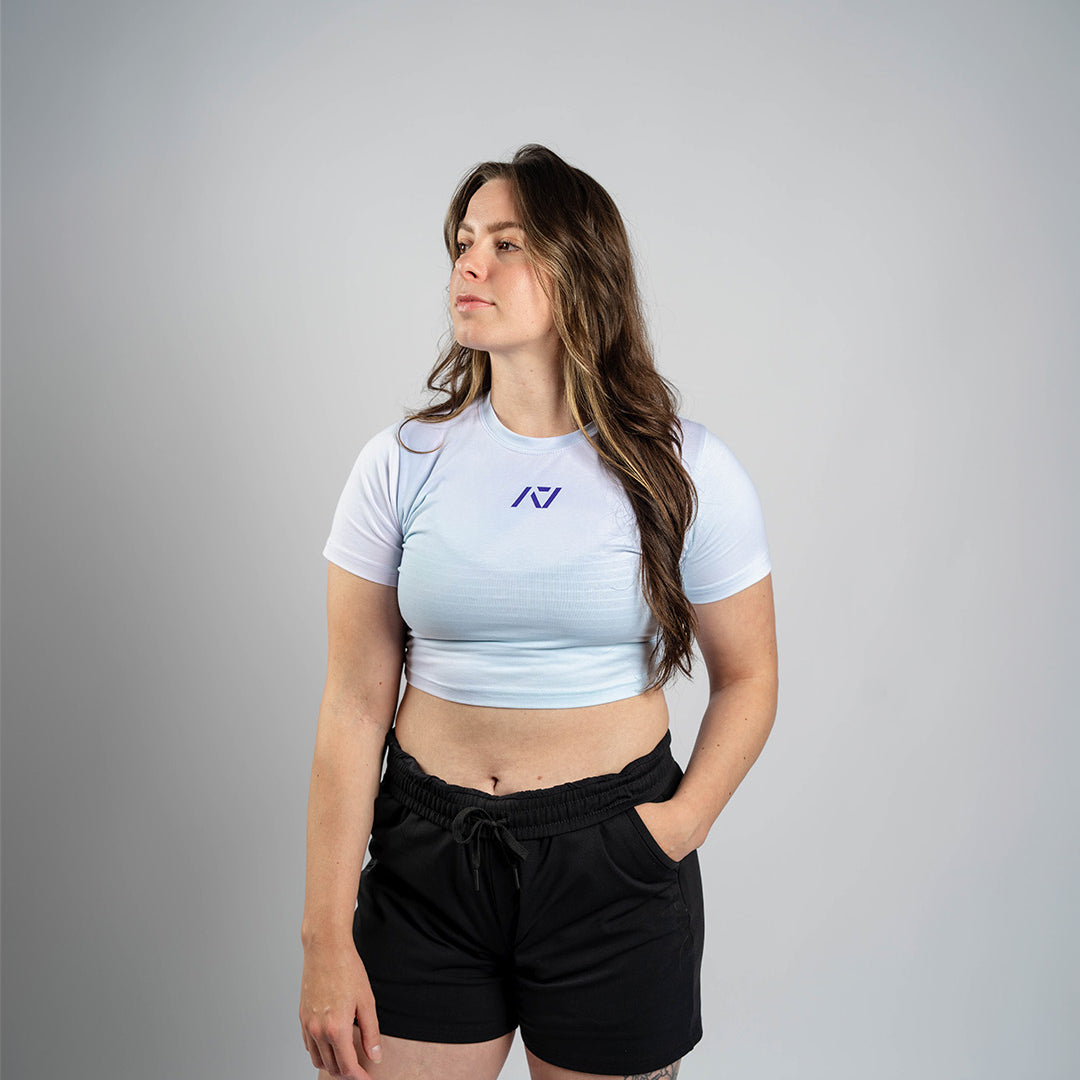 Front view of A7 Affirmation True-Fit Women's Crop – Pastel featuring soft pastel hue and A7 logo on the chest.