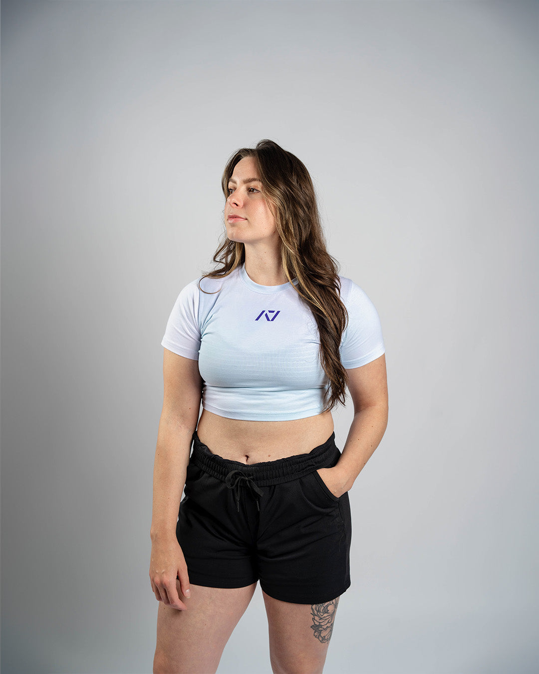 Front view of A7 Affirmation True-Fit Women's Crop – Pastel featuring soft pastel hue and A7 logo on the chest.