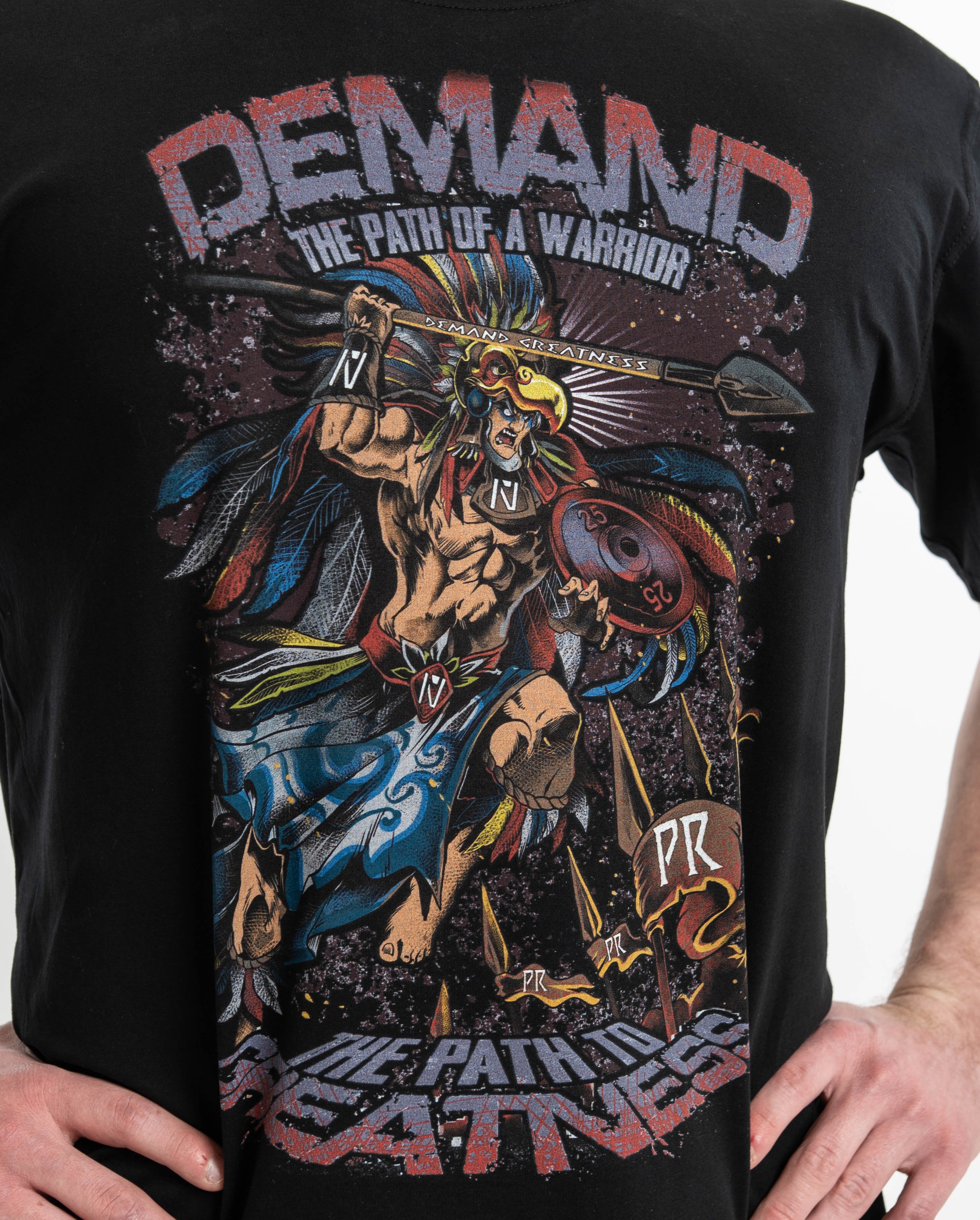Close-up of the Aztec warrior design on the shirt, focusing on the eagle headdress and etched spear.