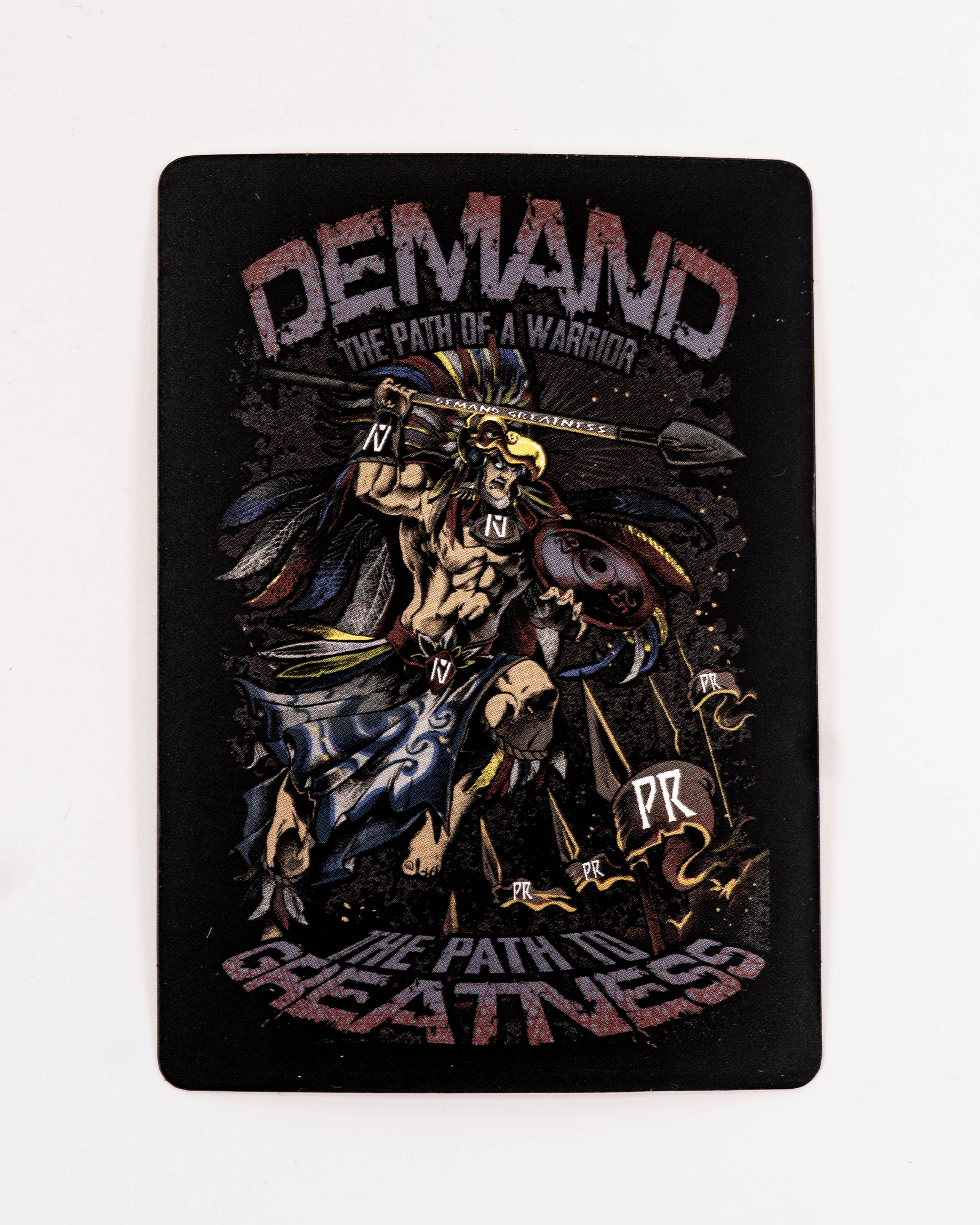 Flat front view of the A7 Aztec Warrior Sticker showing full design with eagle headdress, shield, and etched spear.