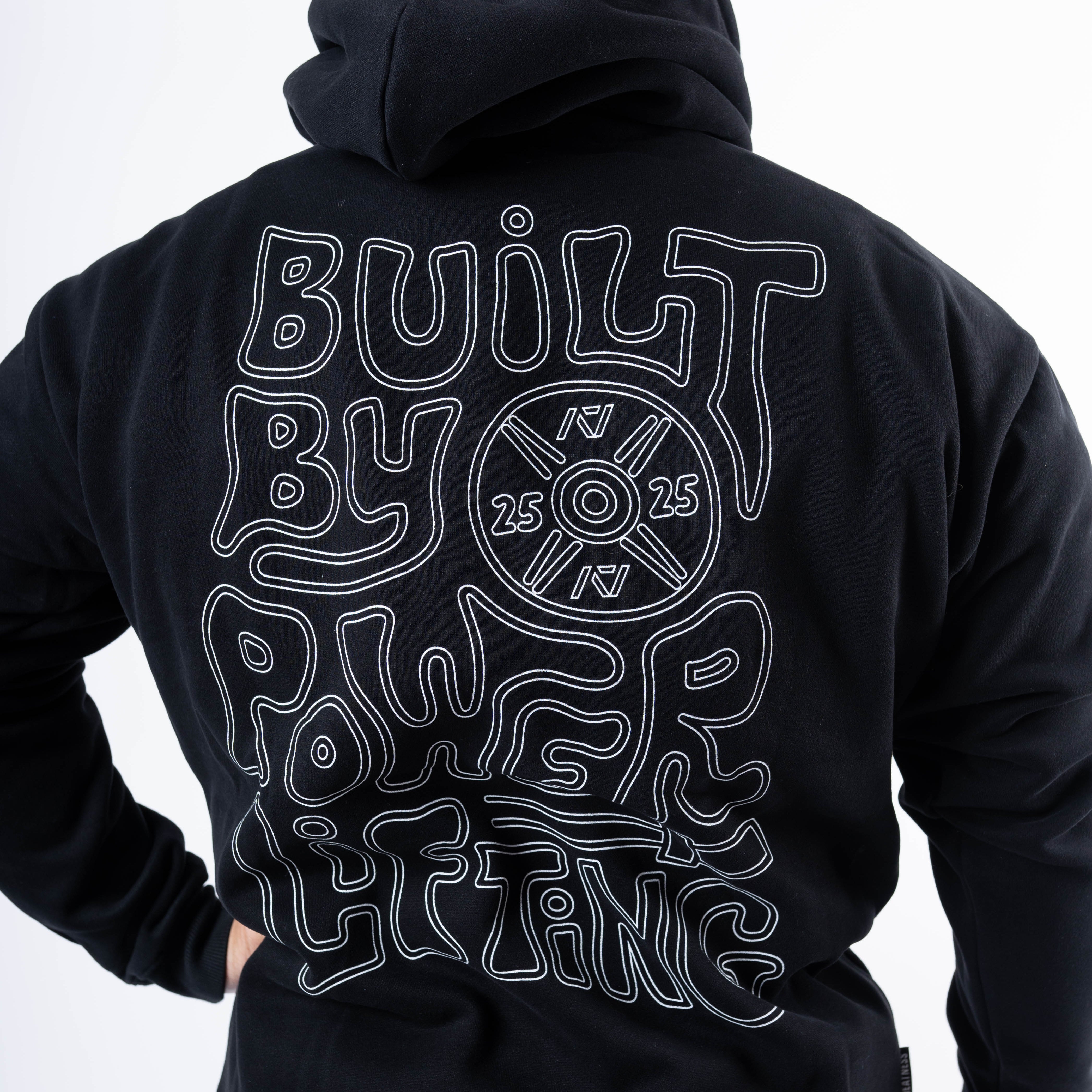 Back view of A7 Built By Hoodie in black, showcasing "Built By Powerlifting" design.
