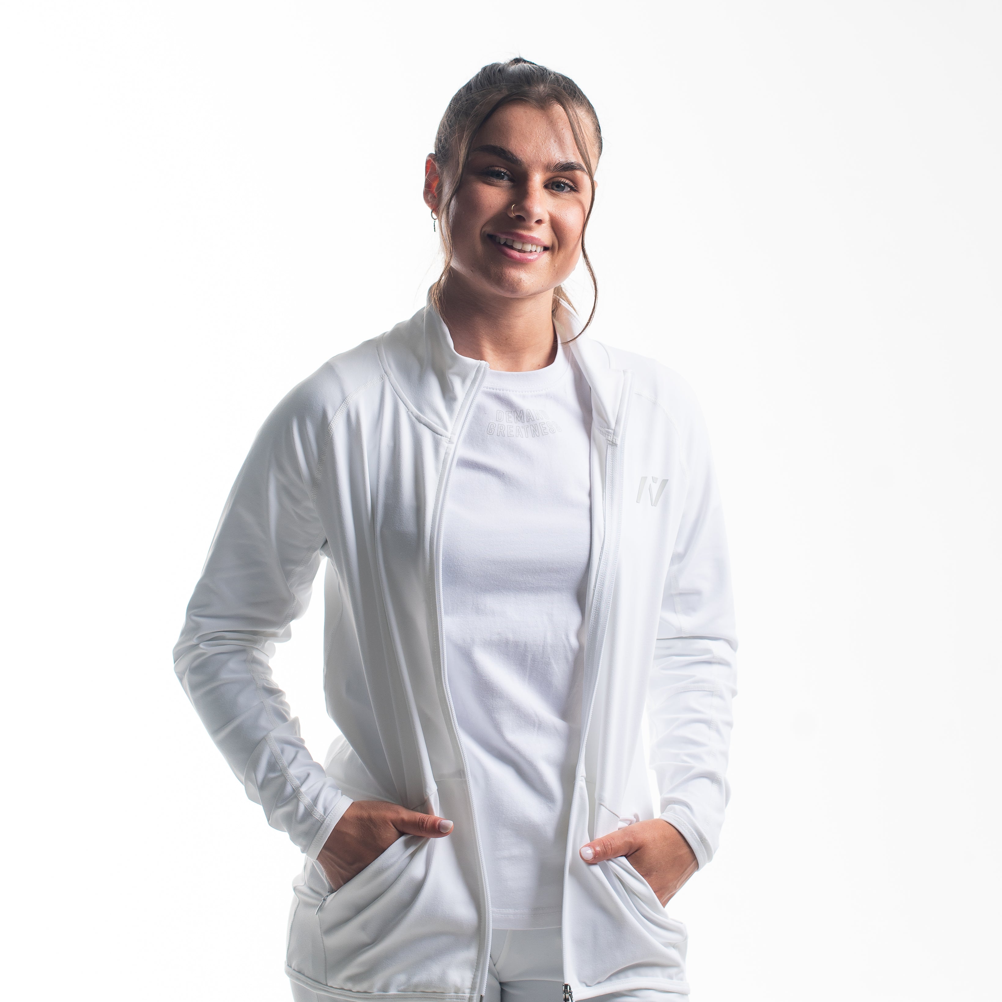 Front view of the Defy Jacket – Polar, showing tapered fit and full zip.