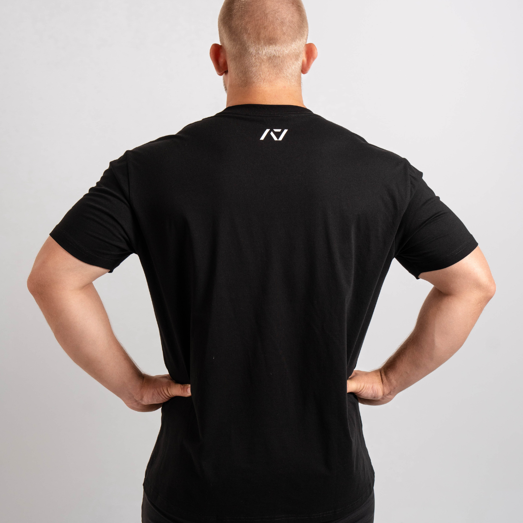 Back view highlighting A7 logo printed below the neckline on the Domino shirt.