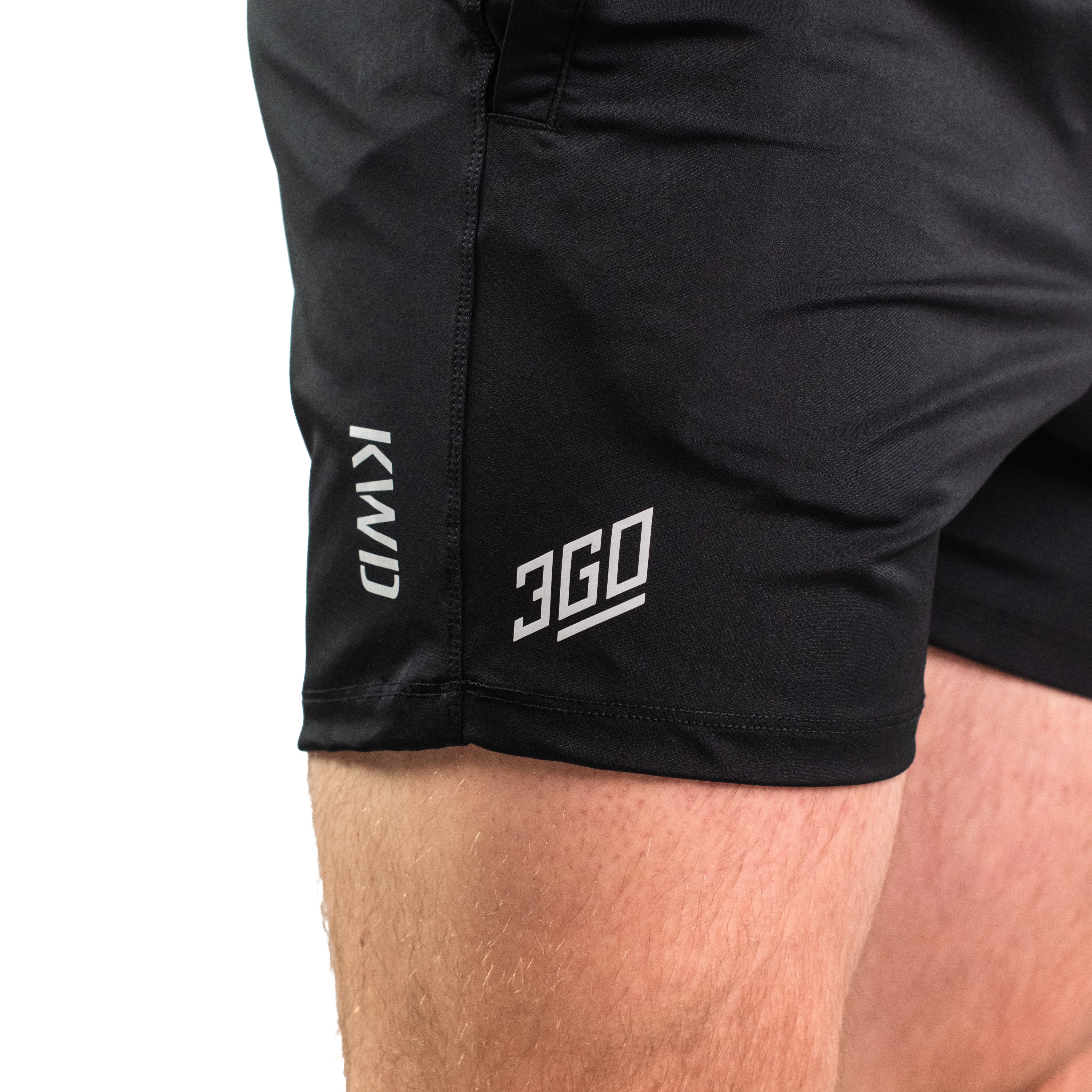 Matte silicone A7 logos on 360Go KWD Shorts in Black for clean, durable branding.