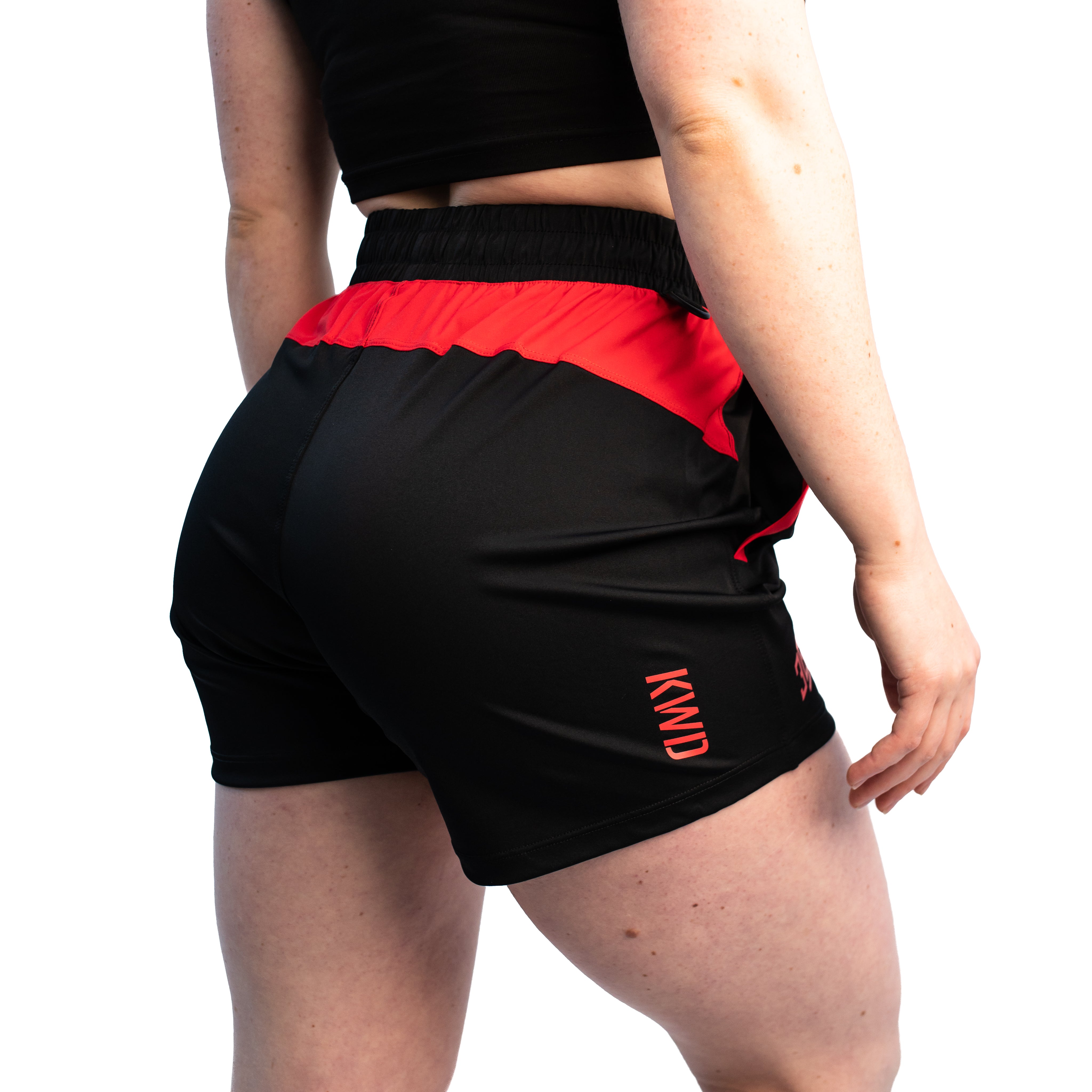 Rear view of A7 Inferno 360Go KWD Shorts with key clips and bold contrast design.