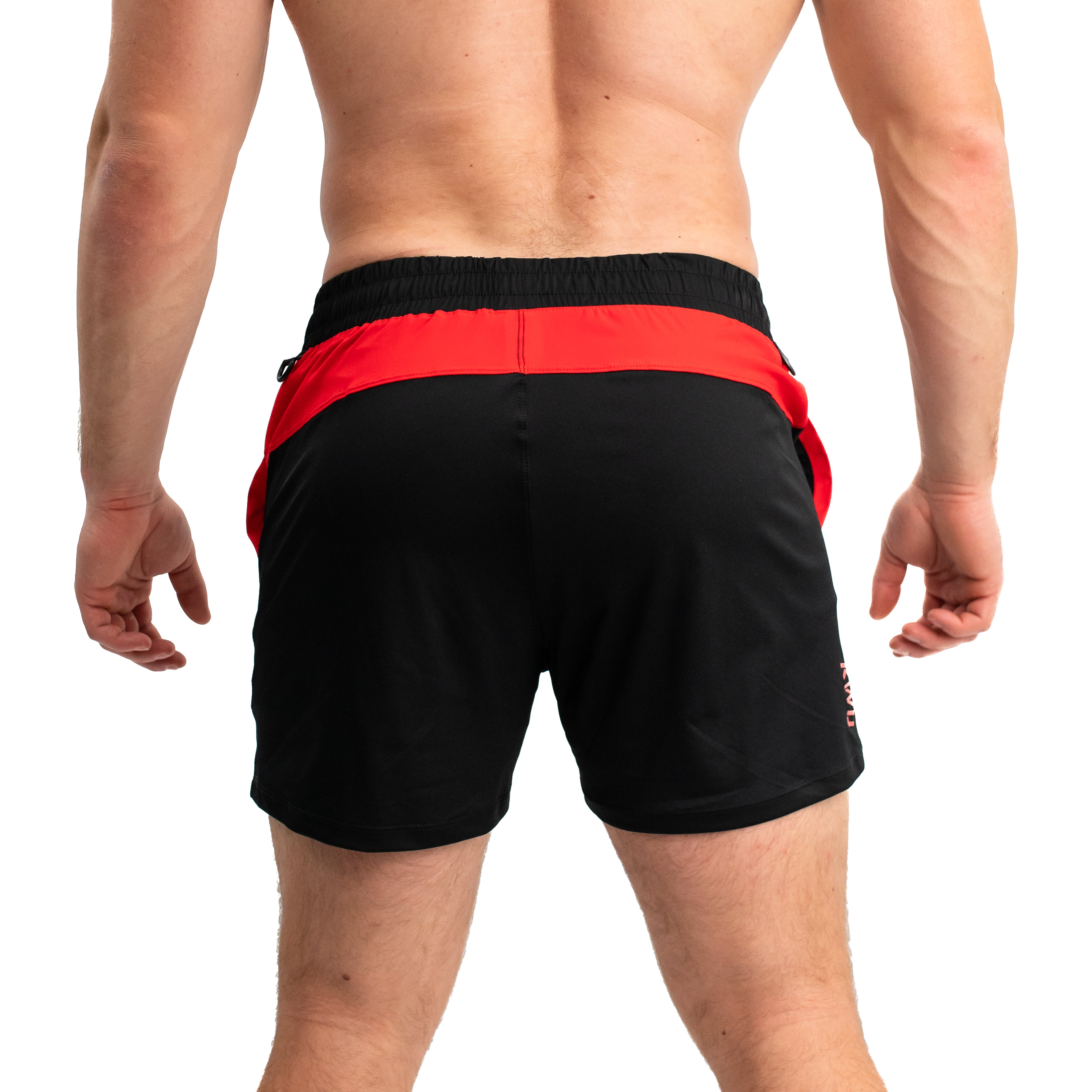 Back view showcasing the red & black design with the key clips.