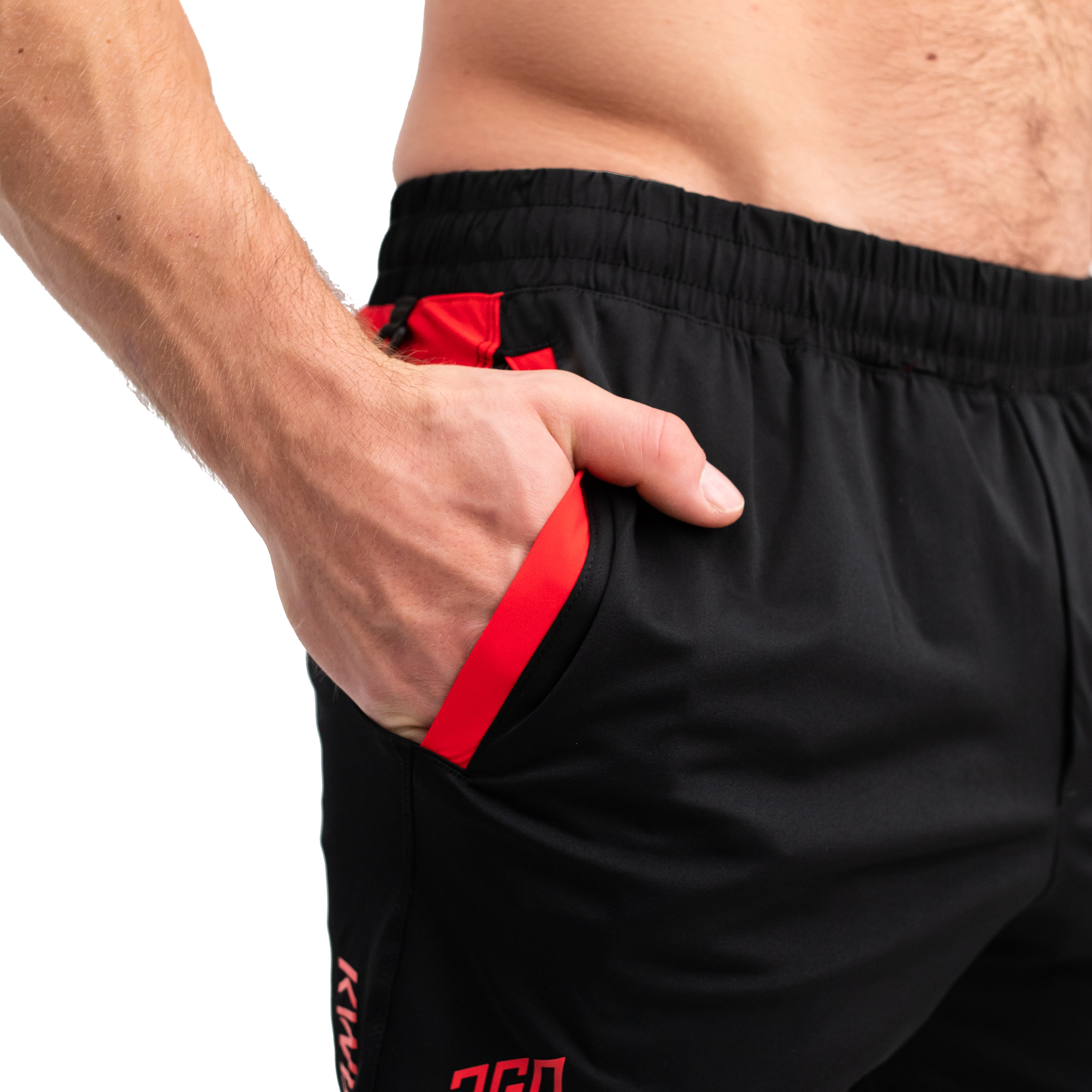 Close-up of ripstop nylon pocket and mini wallet compartment on Inferno 360Go Shorts for secure gear storage.