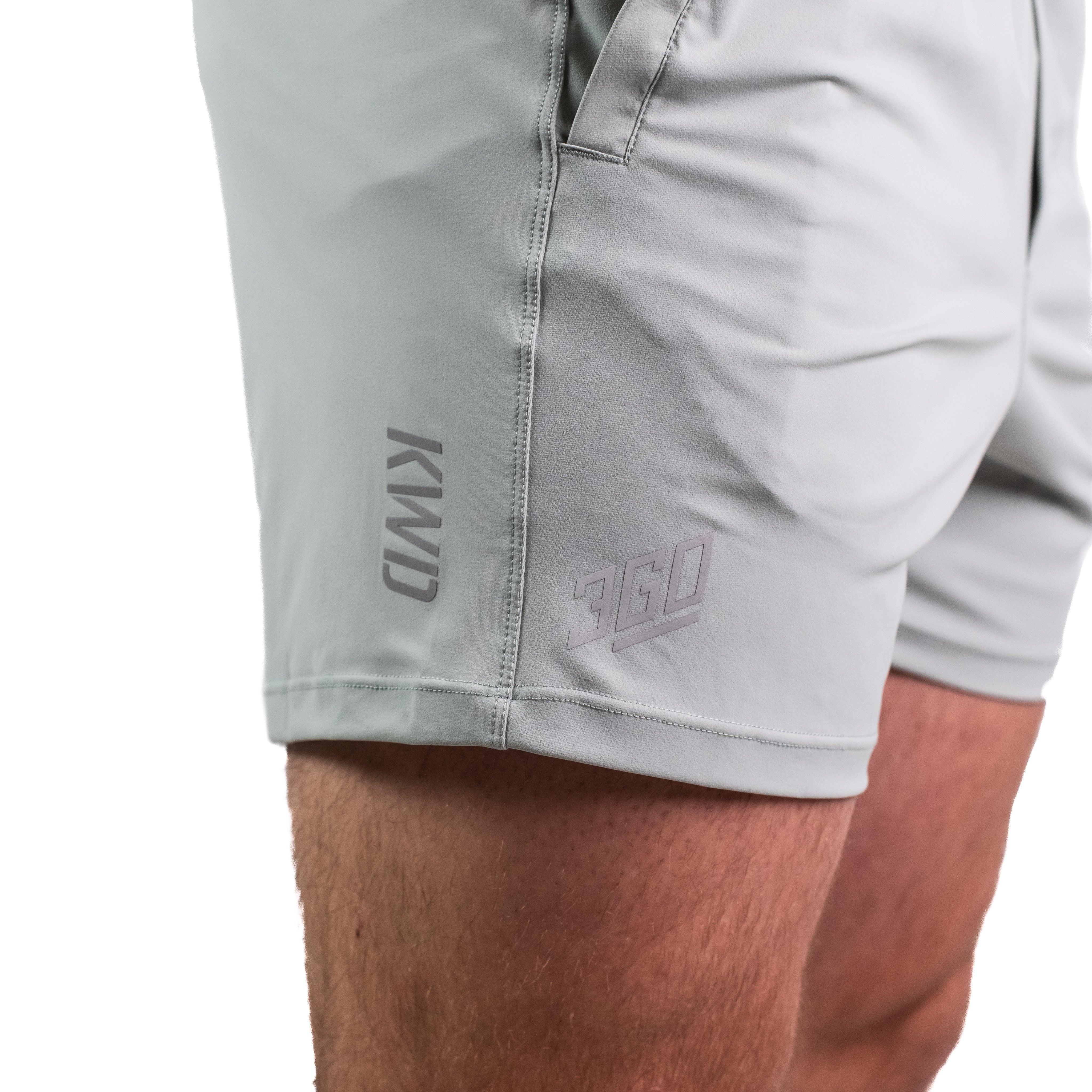 Matte silicone A7 logos on Light Gray 360Go Shorts offering subtle branding and clean aesthetics.