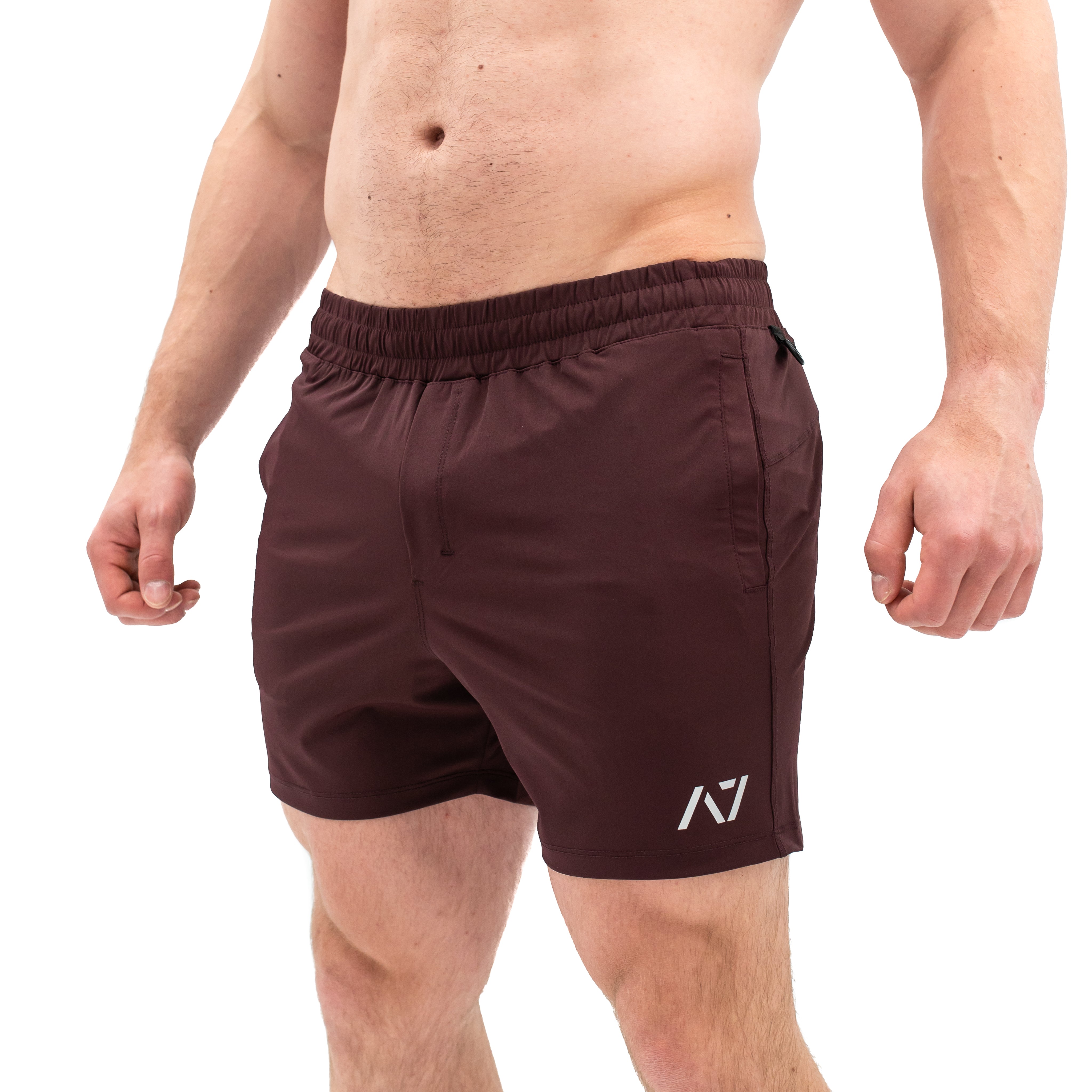 Front view of A7 360Go KWD Shorts in Mahogany, showing rich color, wide waistband, and minimalist athletic design.