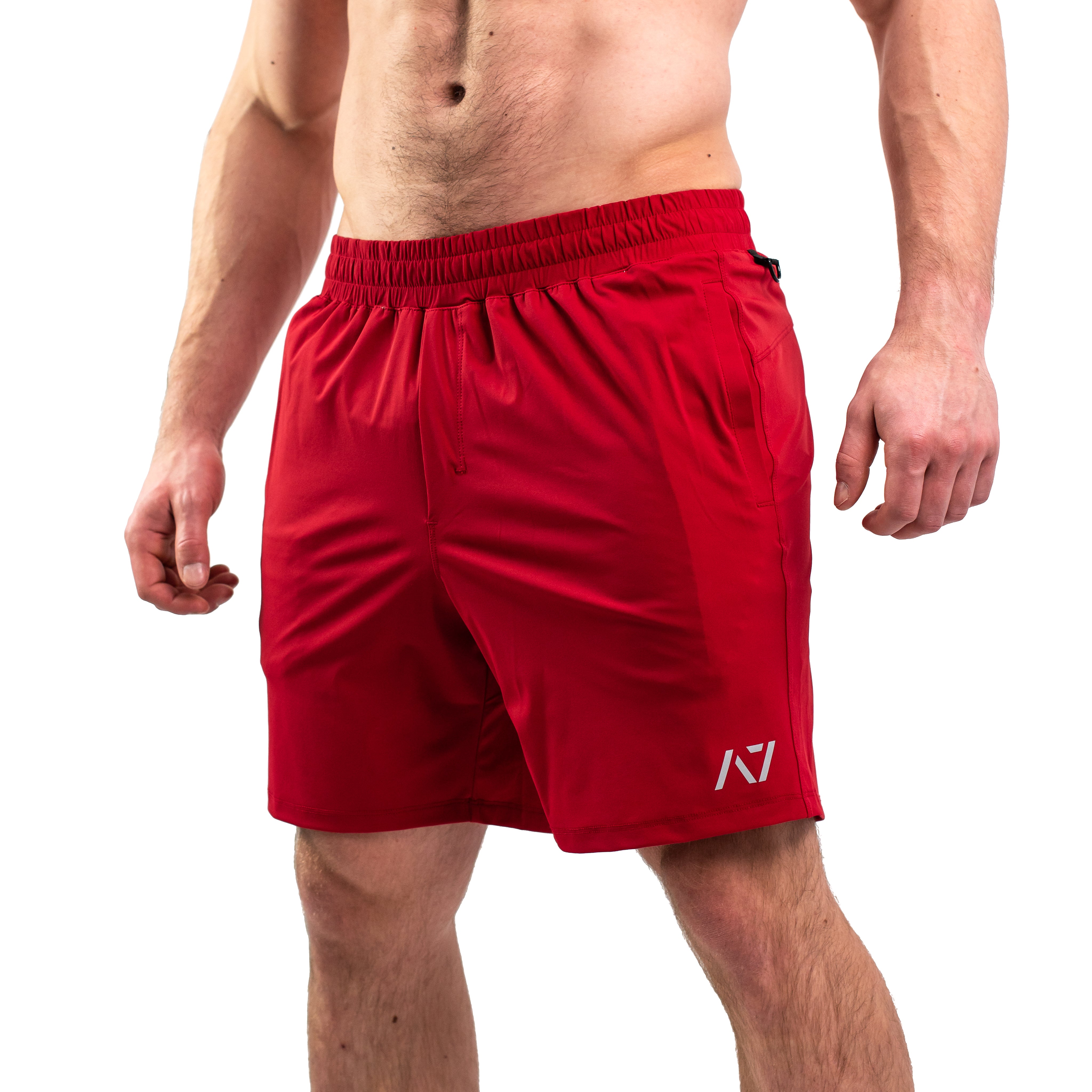 Front view of A7 360Go Shorts in Courage red, featuring regular inseam, wide waistband, and athletic fit.