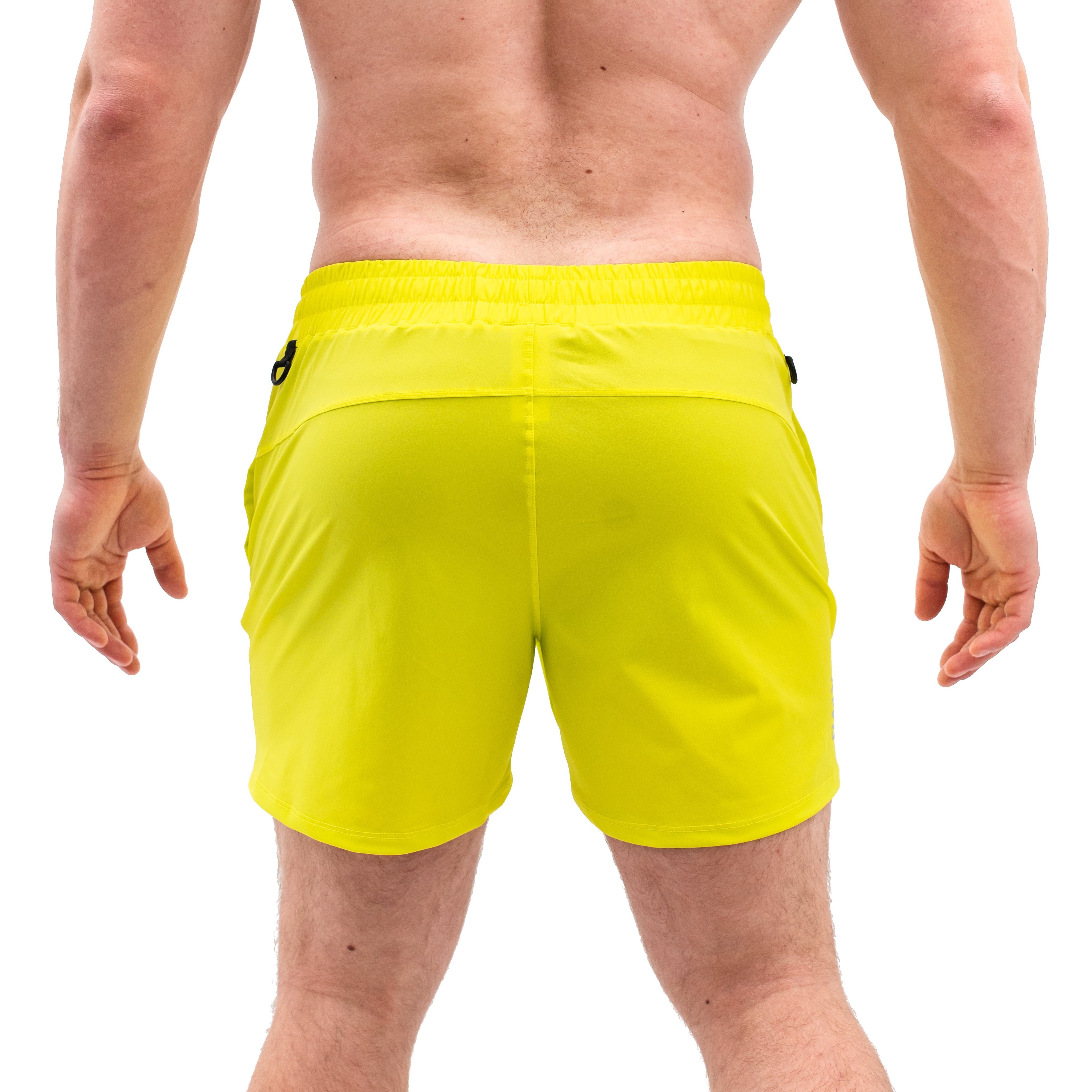 Rear view of A7 Electric Lemonade 360Go Shorts with ripstop loop-through pockets and athletic silhouette.