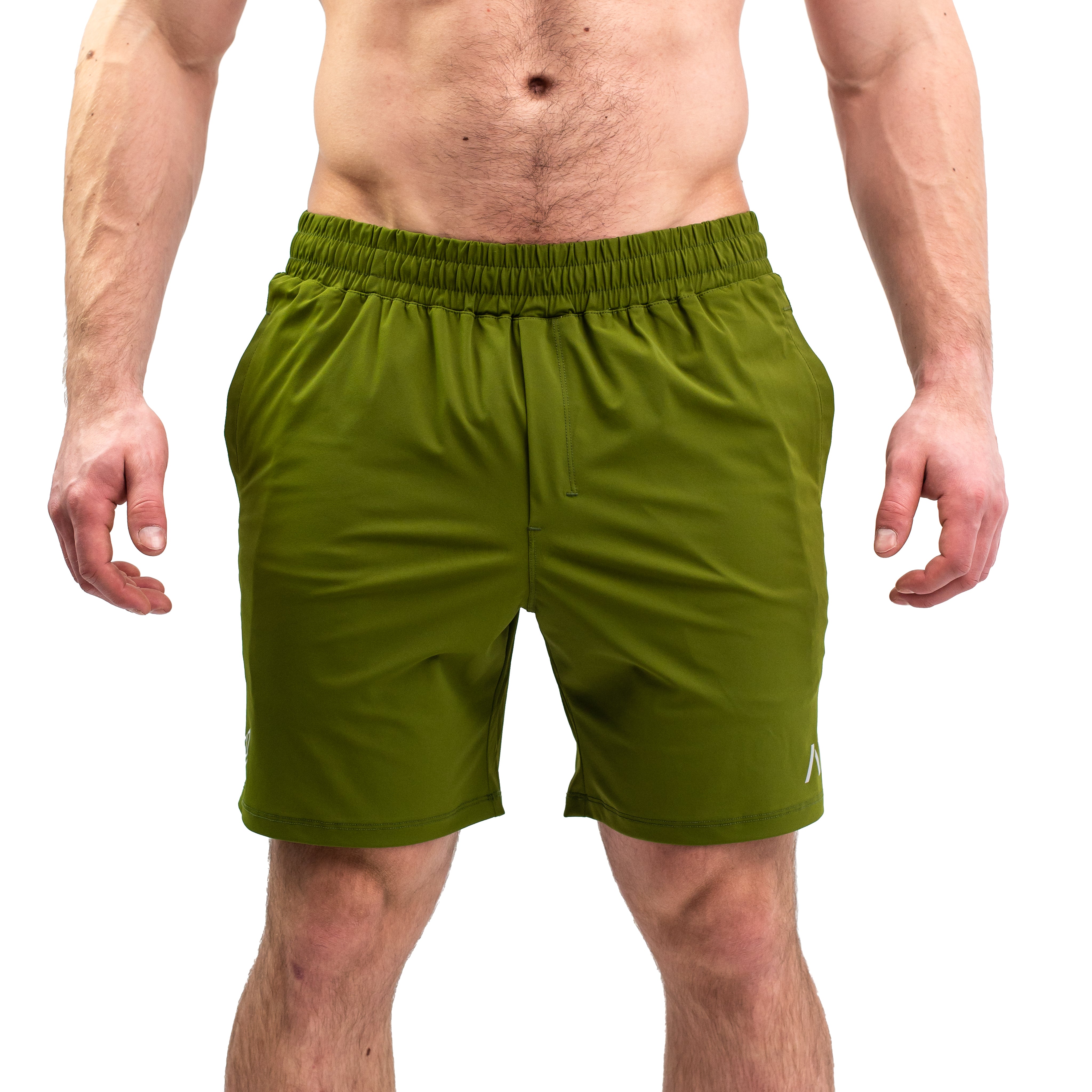 Front view of A7 360Go Shorts in Military green, Regular inseam, featuring clean design and performance waistband.