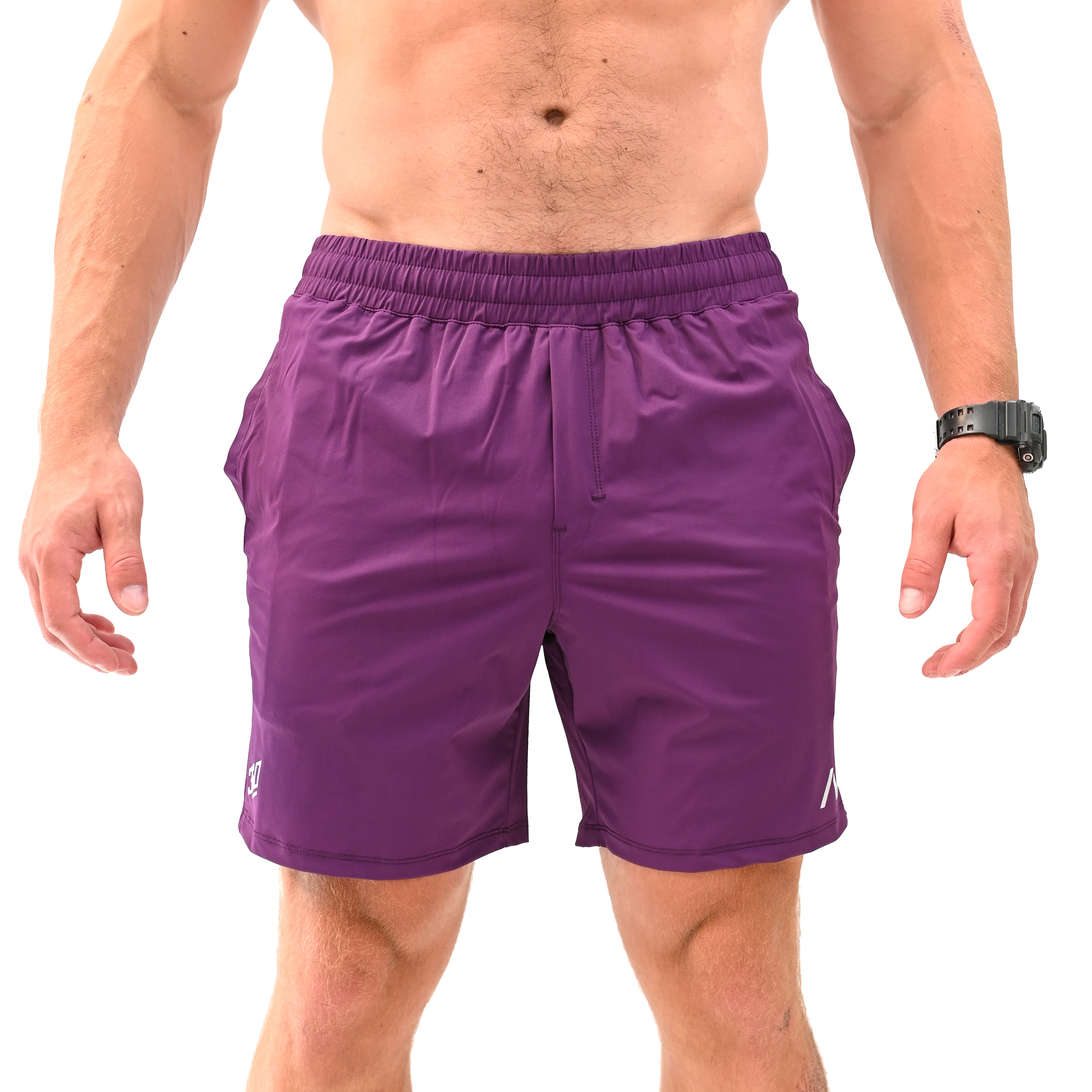 Front view of A7 360Go KWD Shorts in Berry, featuring bold red hue, athletic cut, and wide waistband.