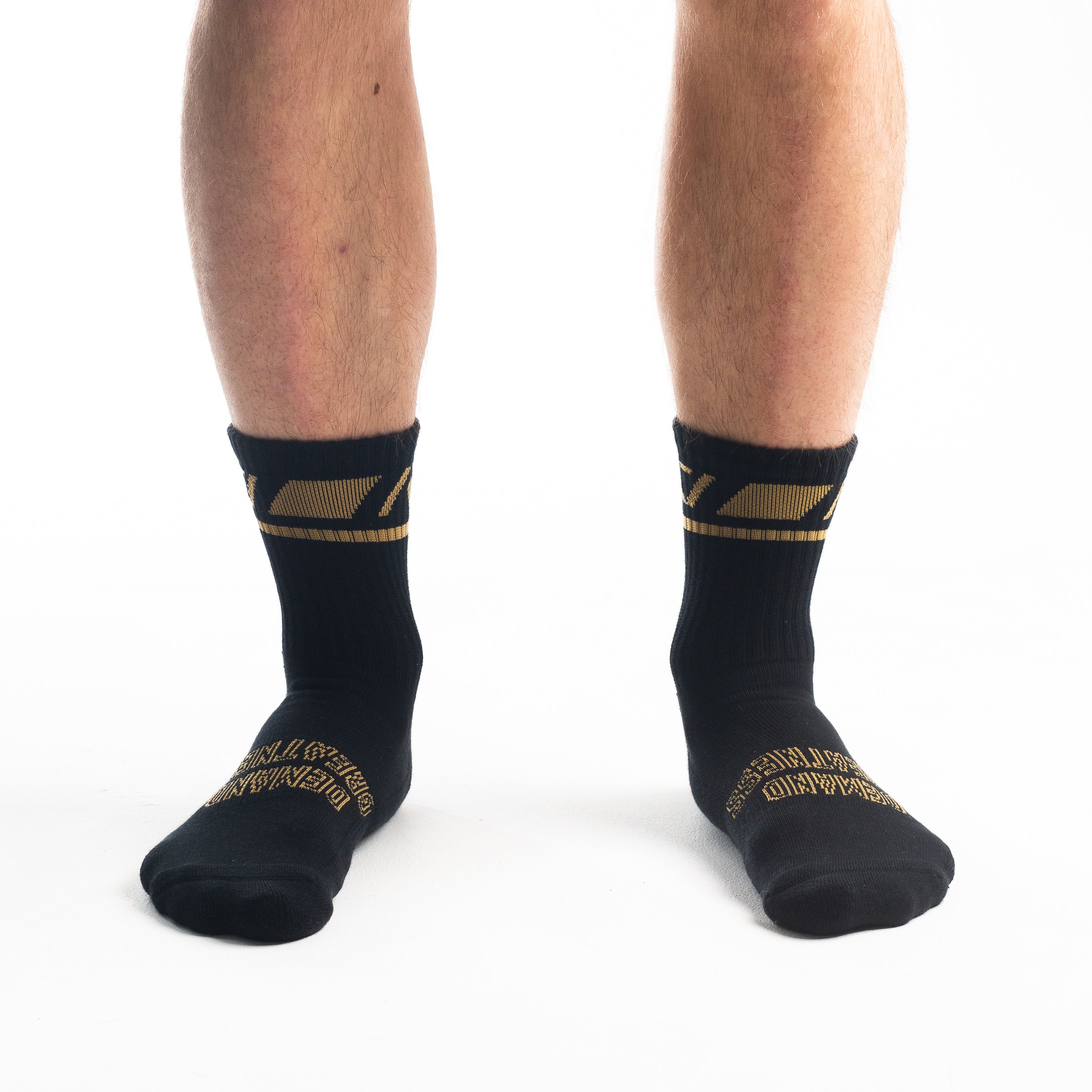 Front view of A7 Crew Socks in Gold Standard, showcasing mid-shin length and ribbed cuff design.