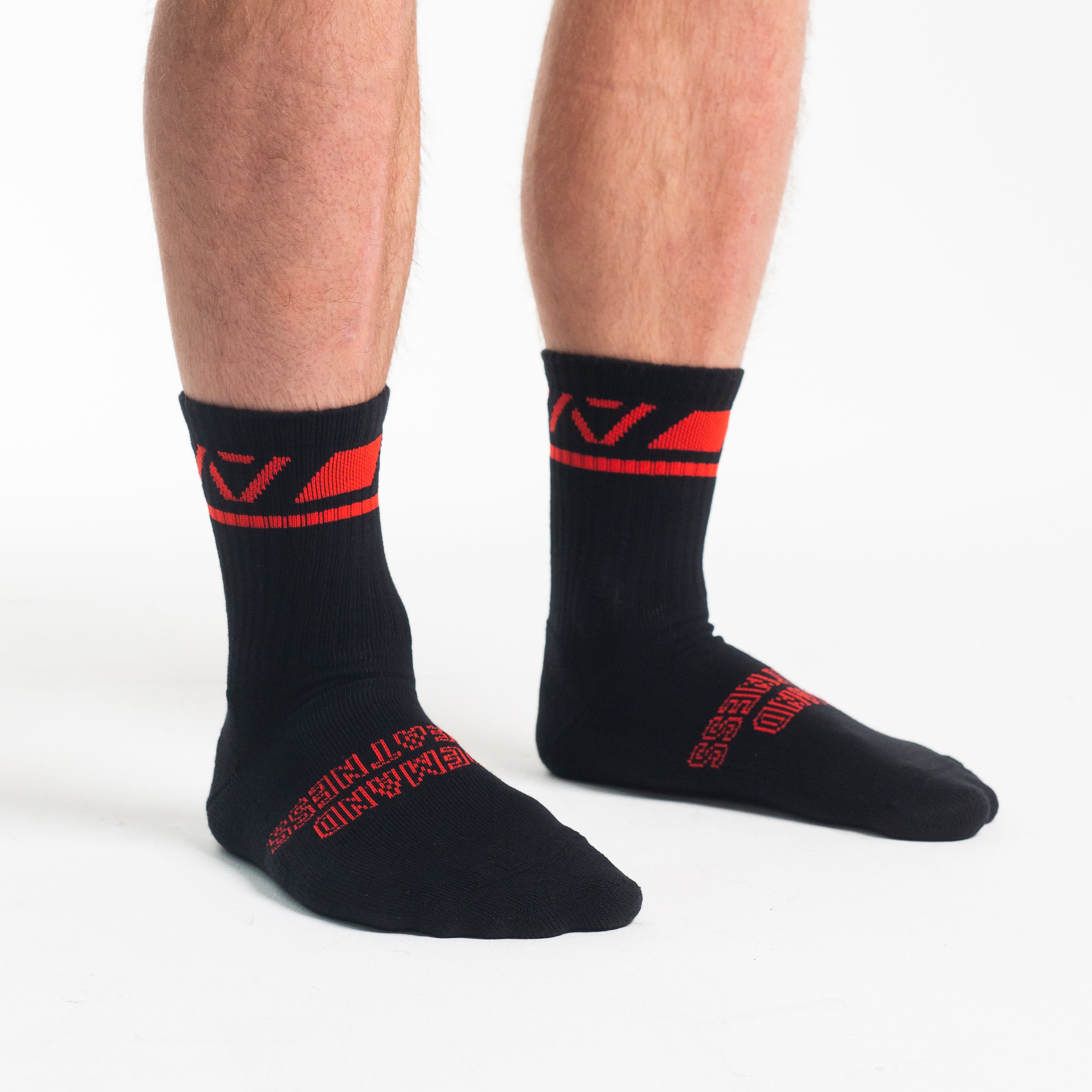 Side profile of A7 Crew Socks in Red Dawn, highlighting the A7 logo on the ankle and compression-style top.