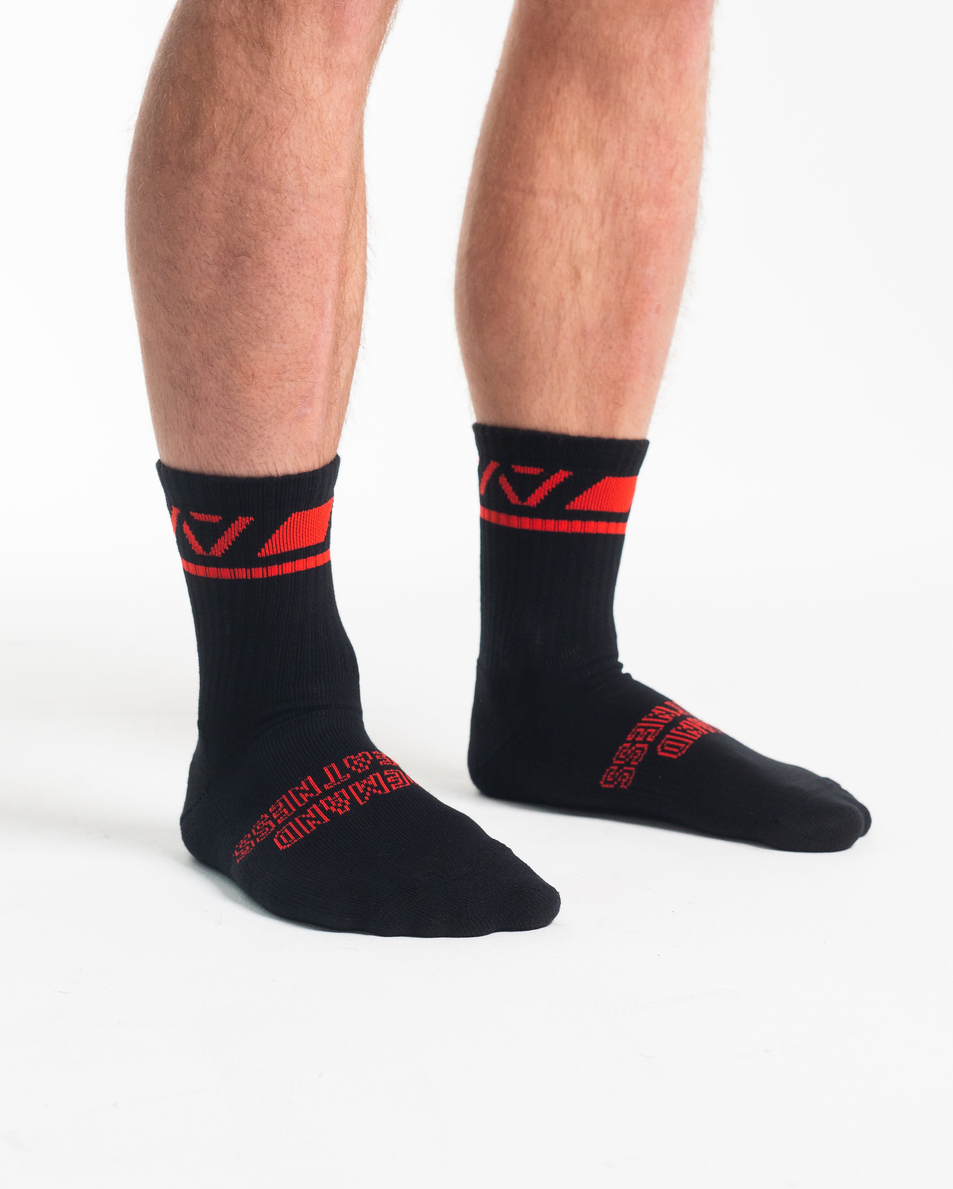 Side profile of A7 Crew Socks in Red Dawn, highlighting the A7 logo on the ankle and compression-style top.